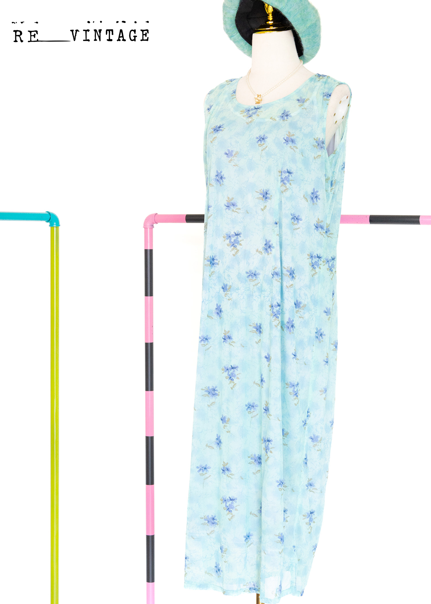 薄荷綠藍色小花寬版長洋裝