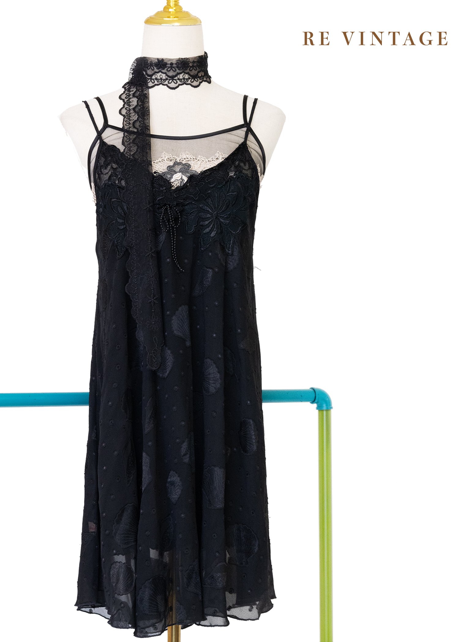 貝殼黑紗珠珠蝴蝶結細肩帶洋裝