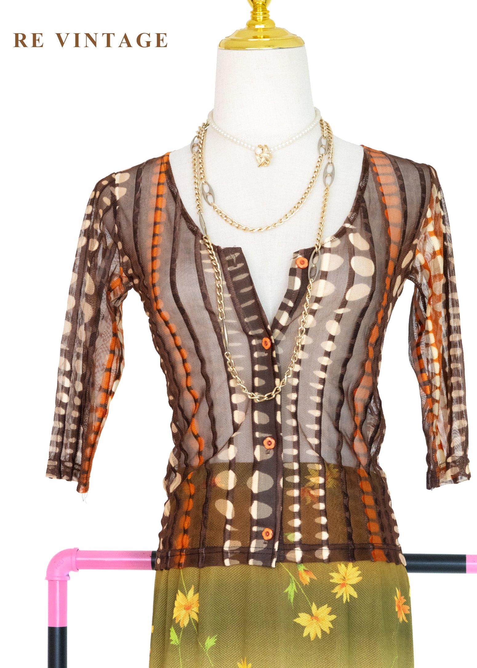 深棕橘子色圓點線條透膚上衣