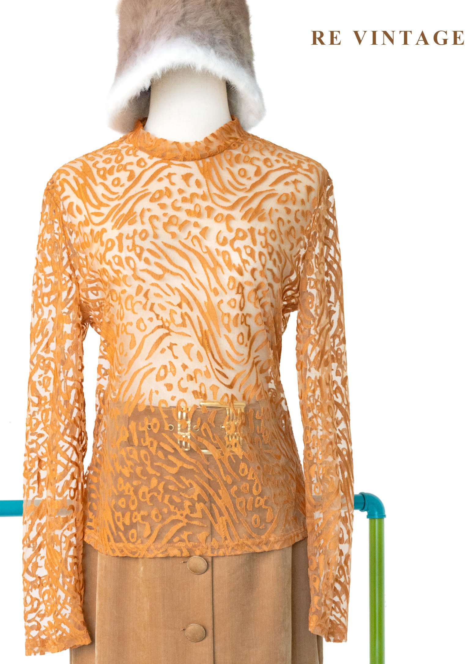 橘子色野性豹紋透膚上衣