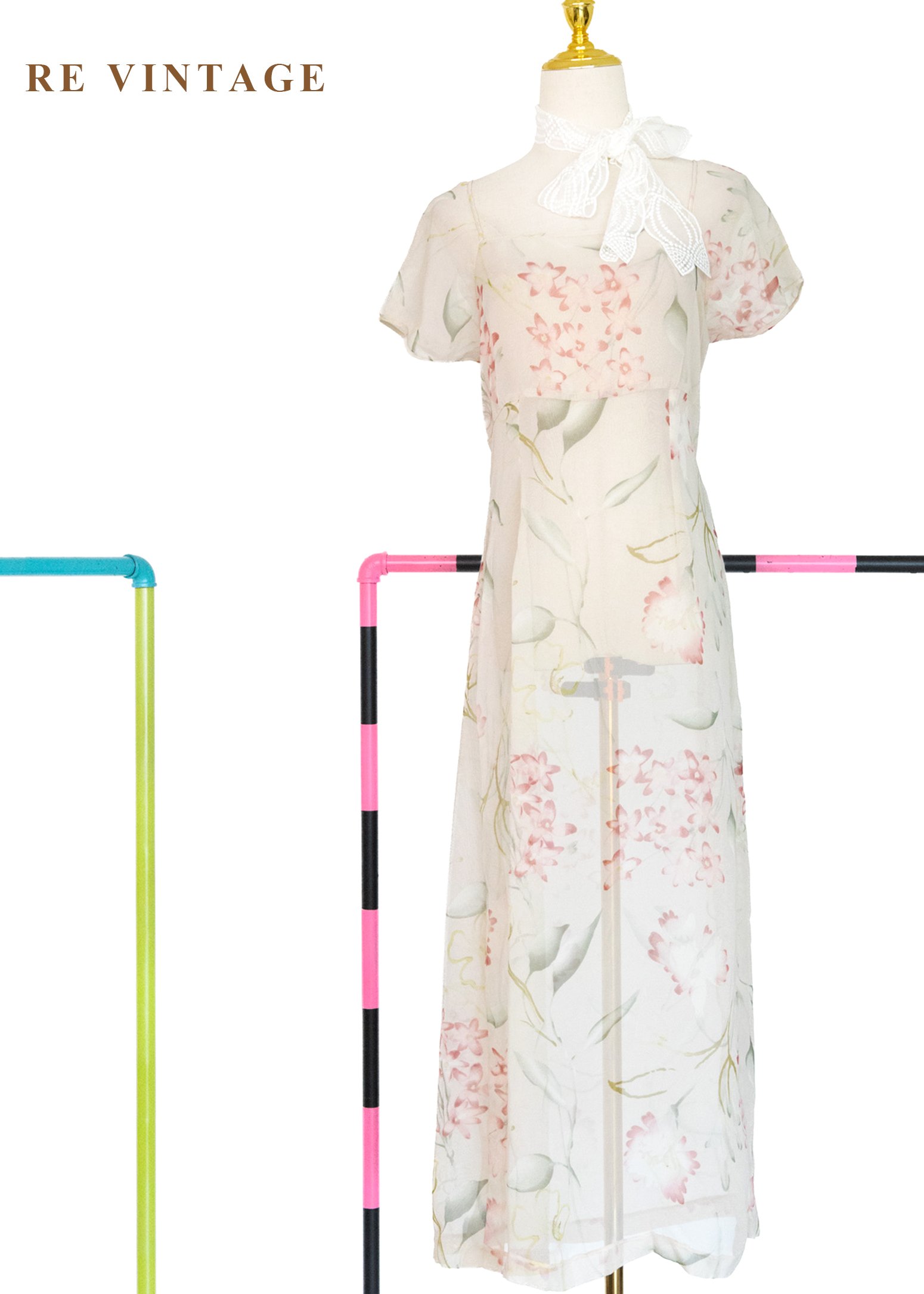 田園碎花方領透膚花卉長洋裝