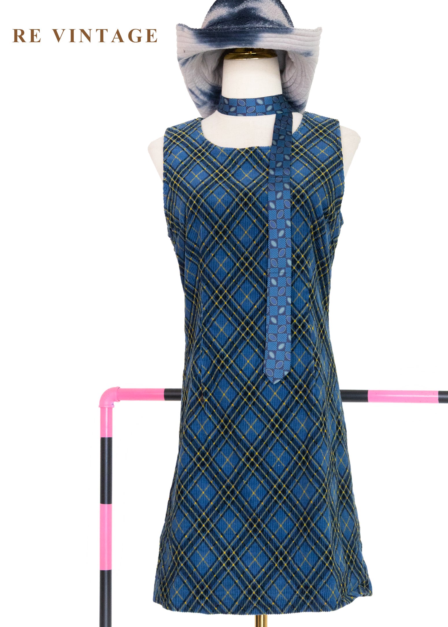 藍色菱格宇宙燈芯絨迷你洋裝