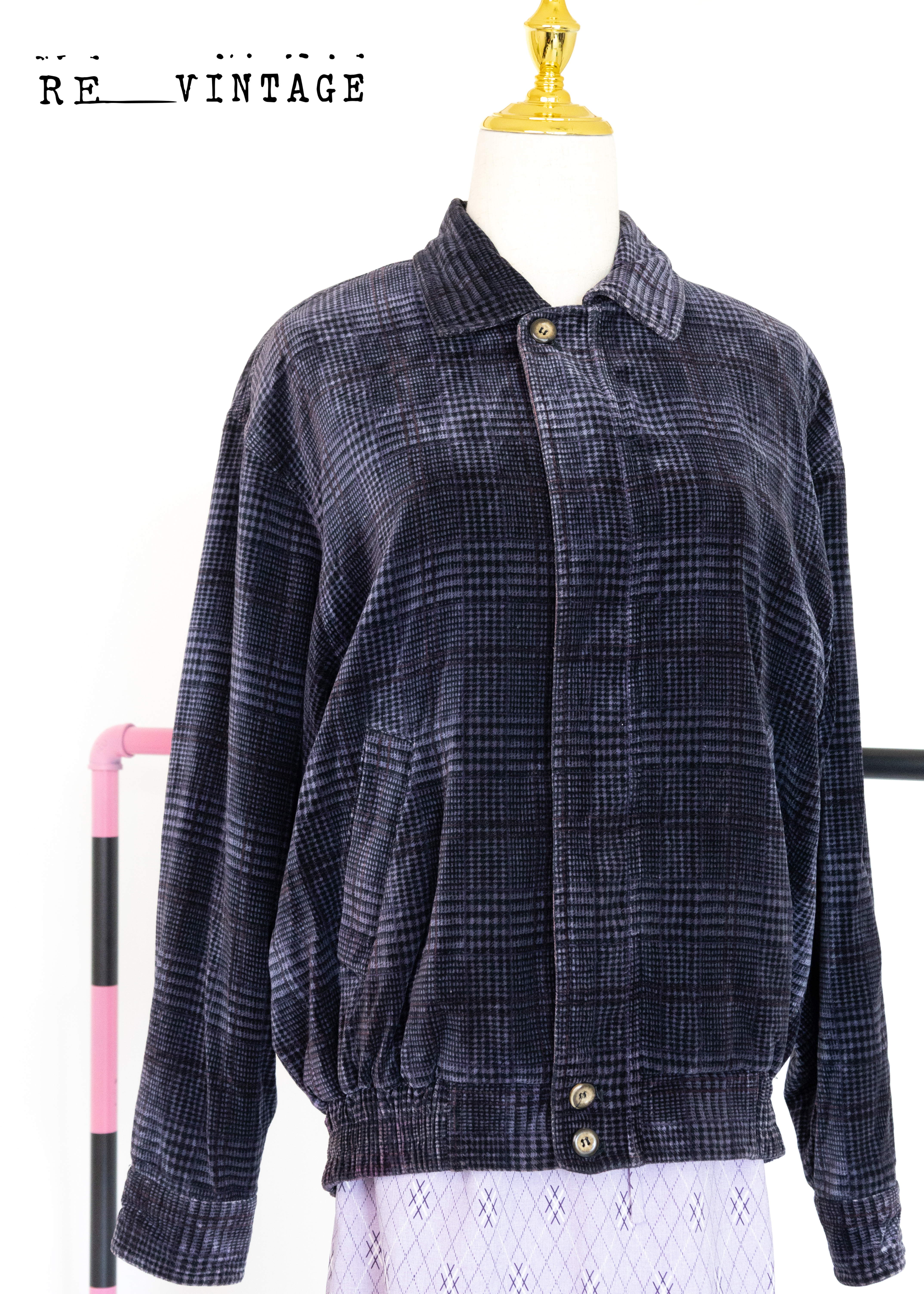 深藍紫色格紋絨布夾克外套