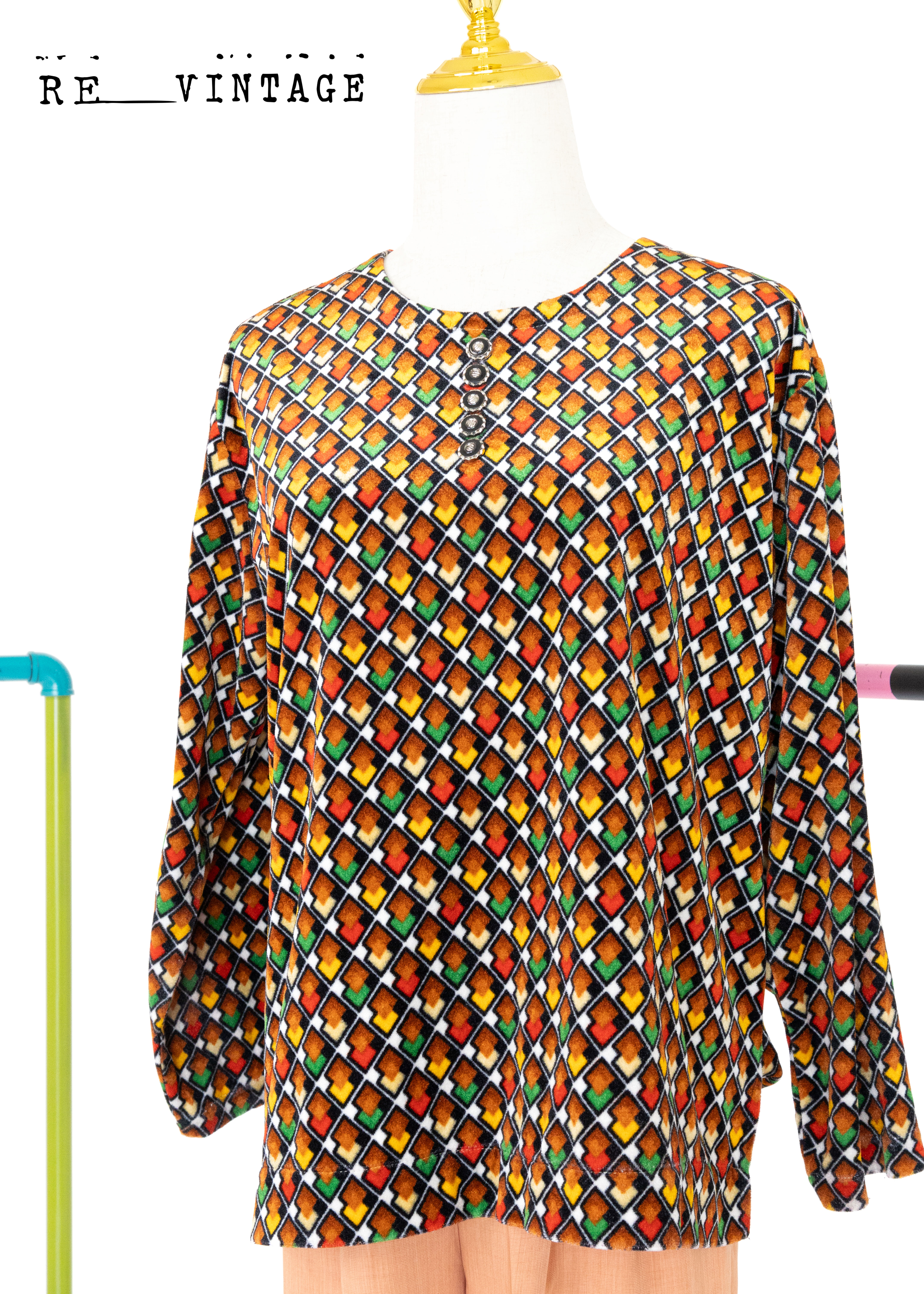 四色小菱格絨布長袖上衣