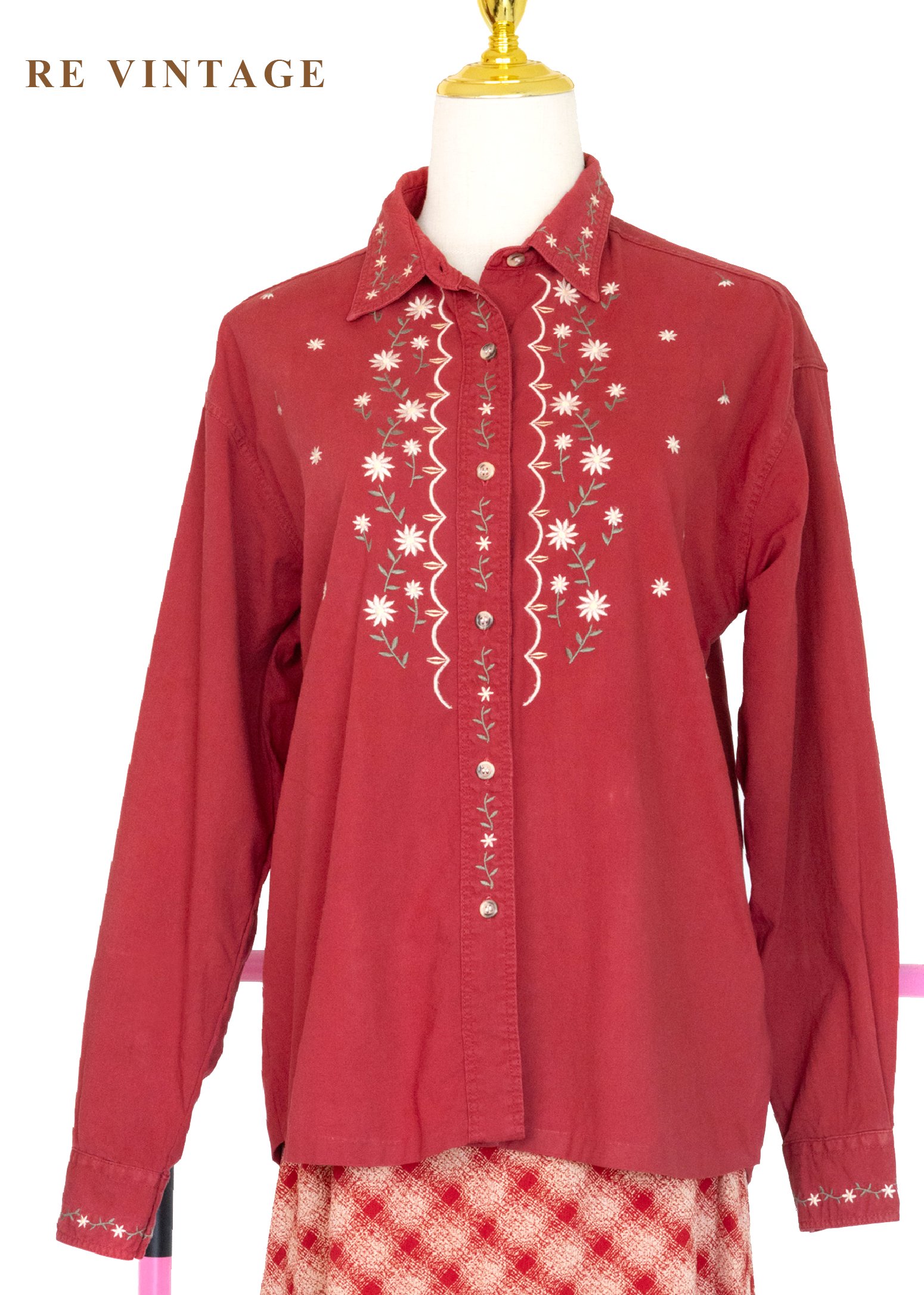 霧紅色歐洲鄉村小花長袖襯衫