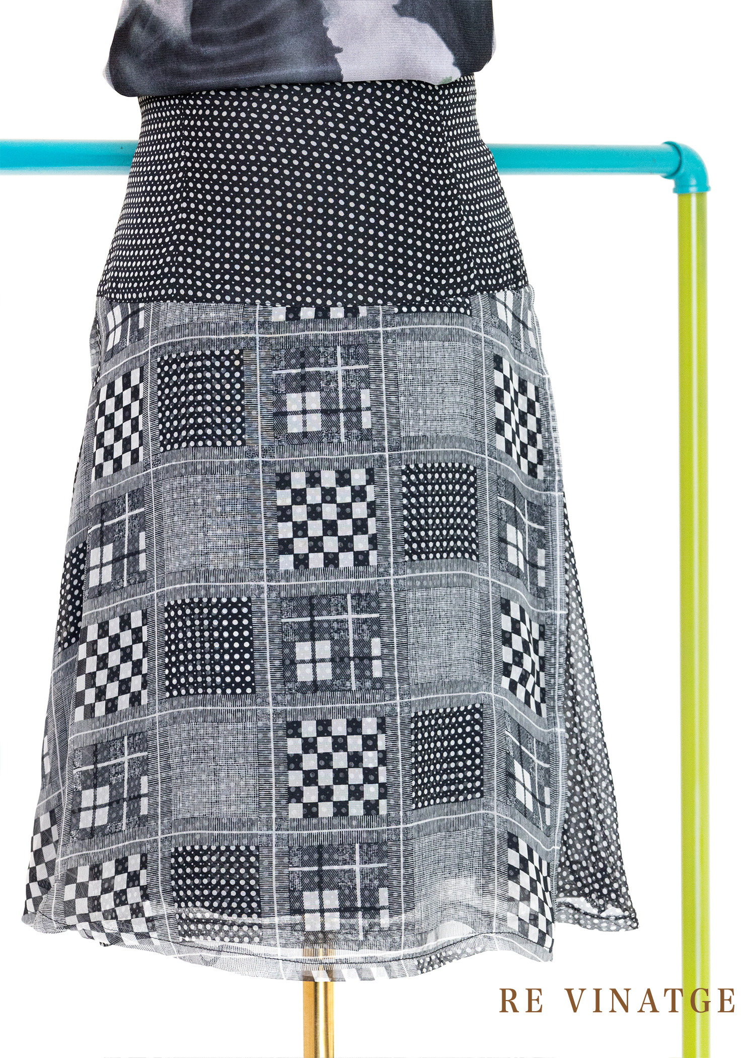 無限格紋深藍點點雪紡短裙