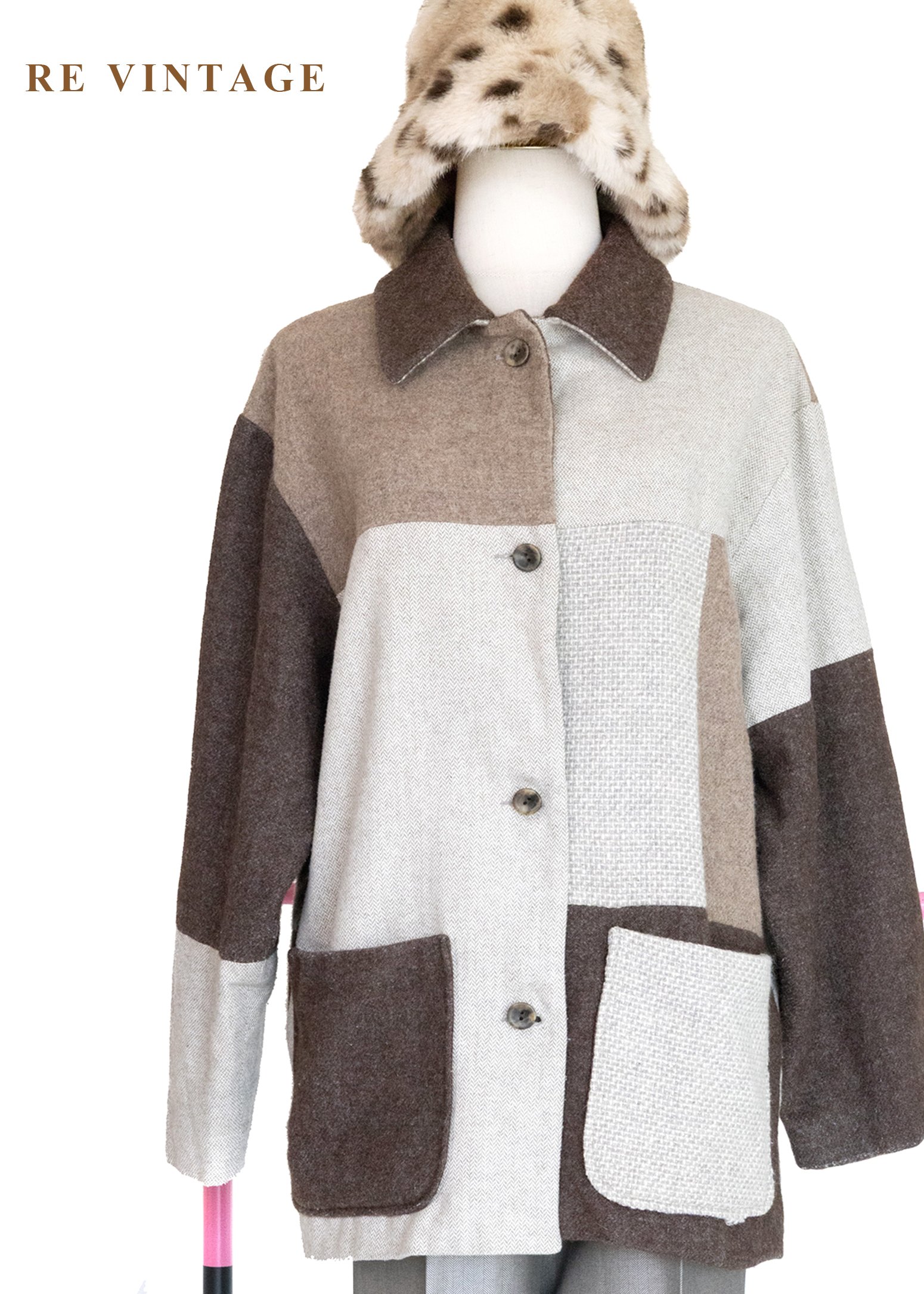 大地色拼接方格毛呢長版外套