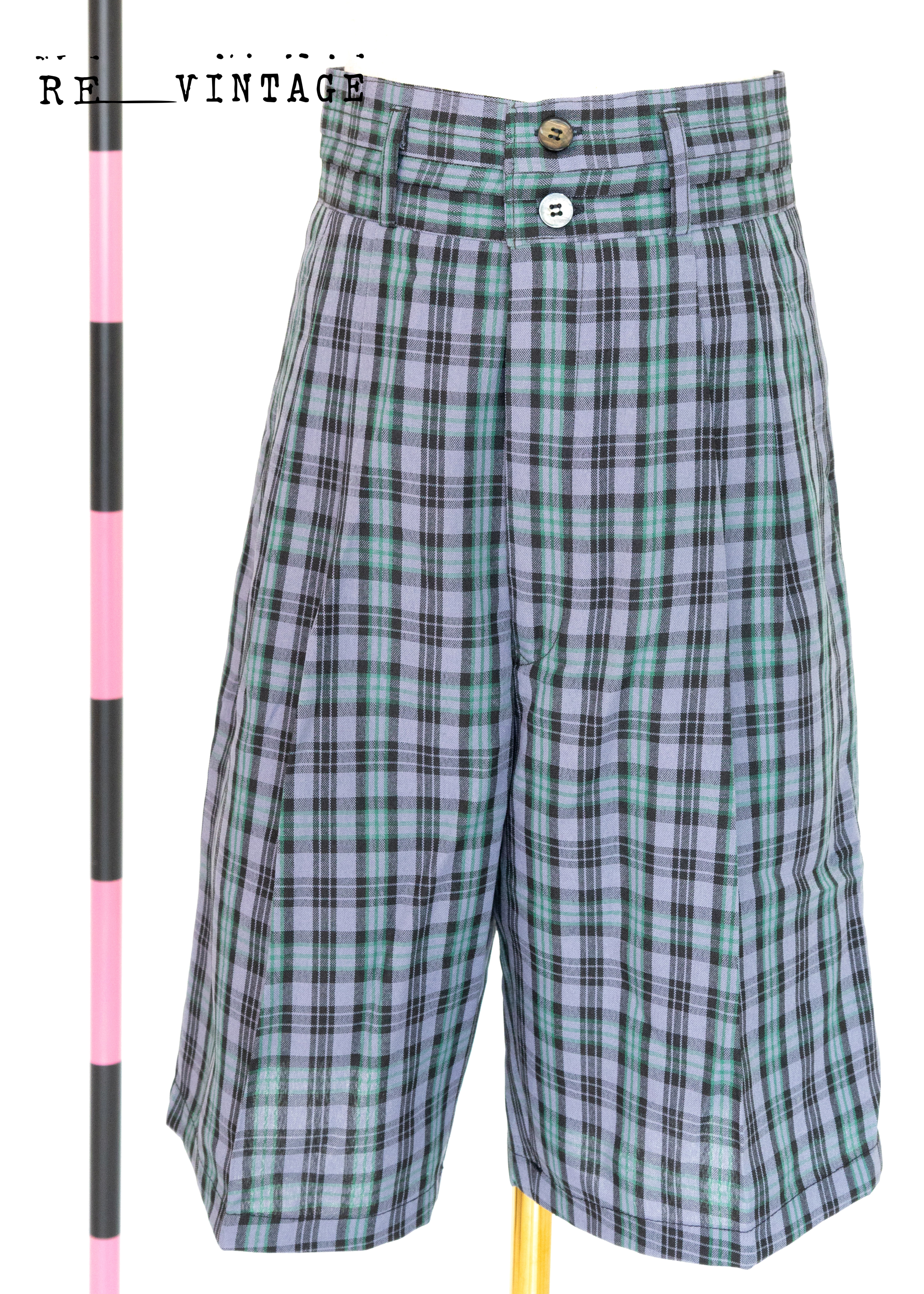 高腰綠紫色小格紋五分褲