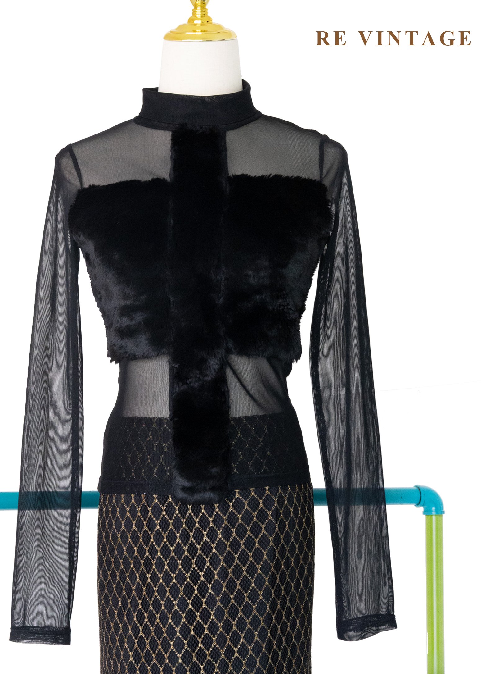 前衛的毛絨霸道線條網紗上衣