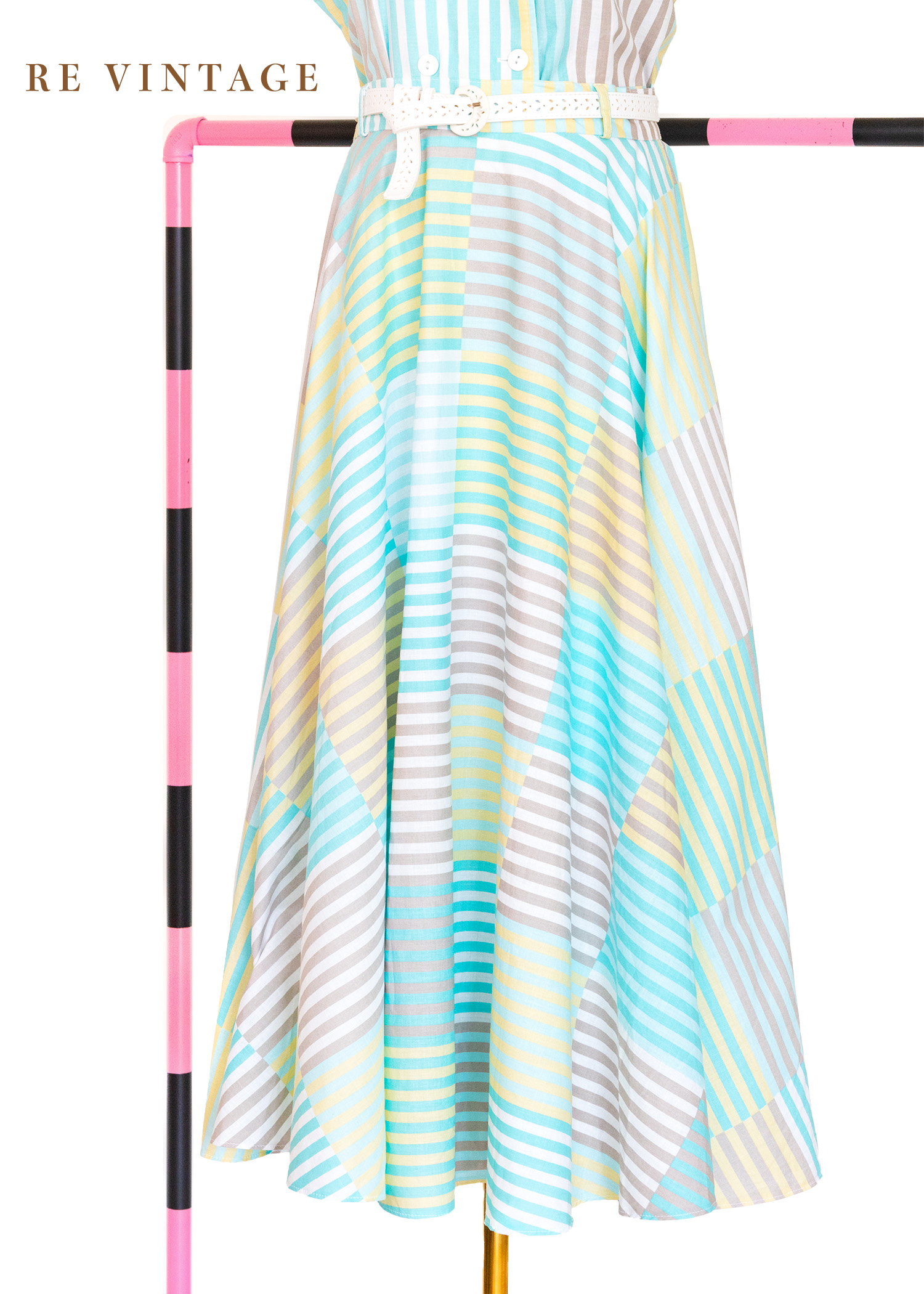 『歐洲寶物』套裝 - 薄荷奶黃色格紋線條大圓裙（27")