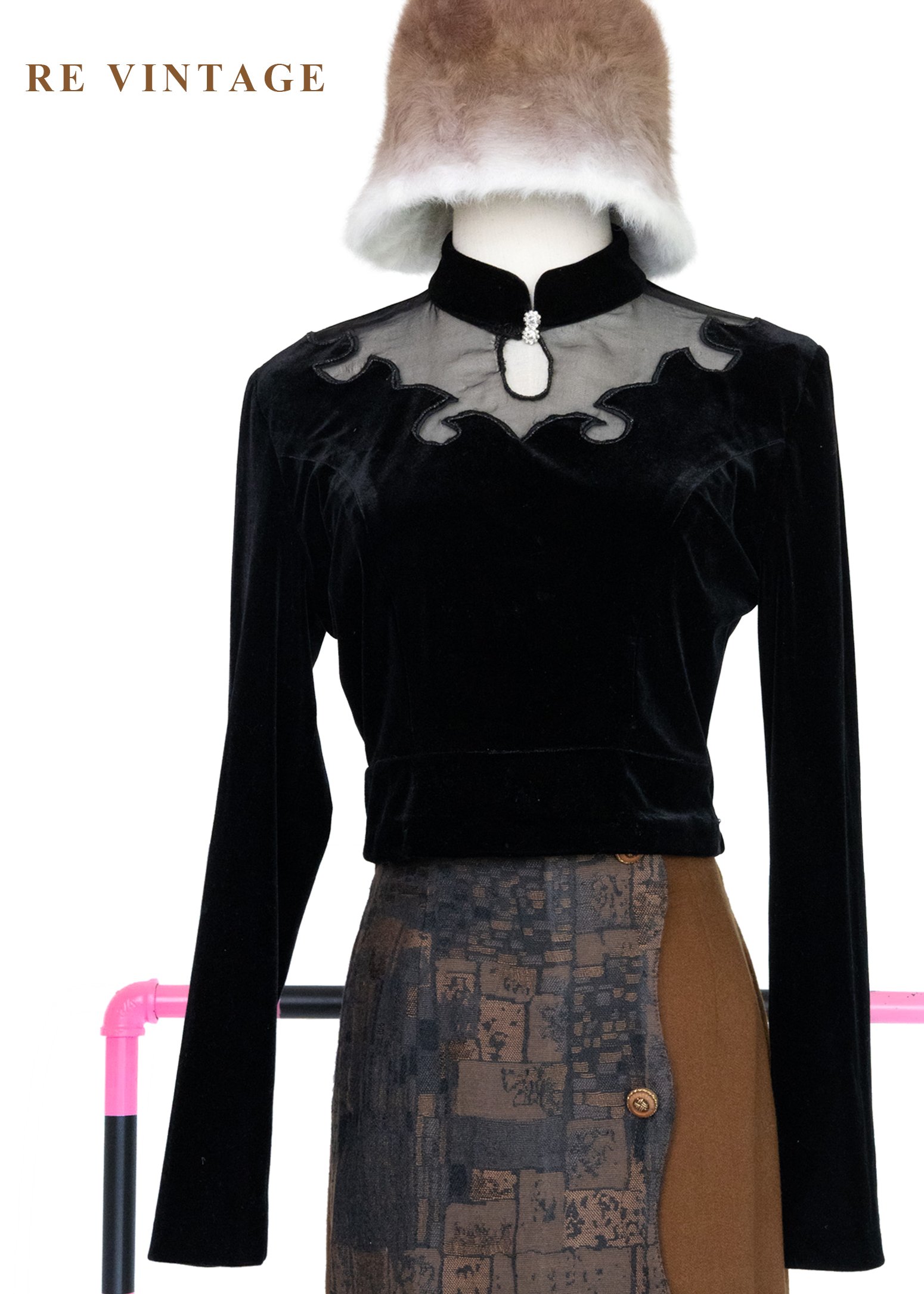 文藝少女 - 雲紋鏤空立領絨布上衣