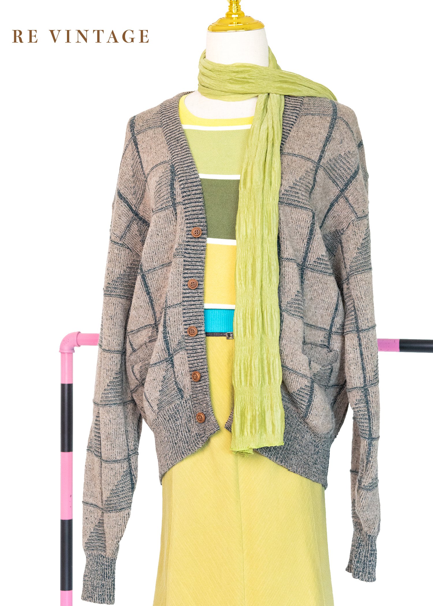 淺棕綠方格紋針織毛衣外套