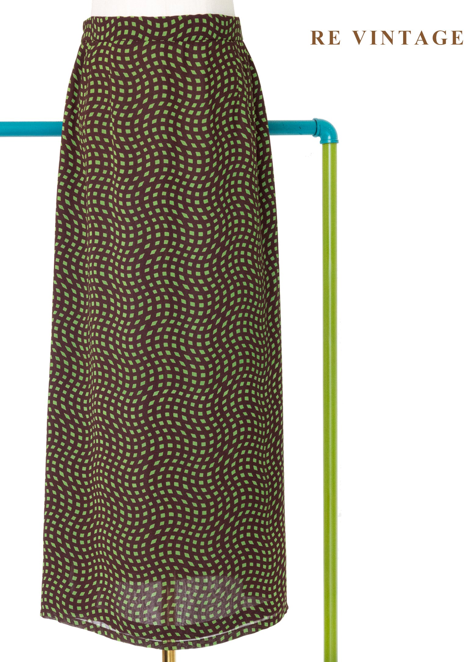 咖啡底綠色扭曲方格印花長裙（24-28"）