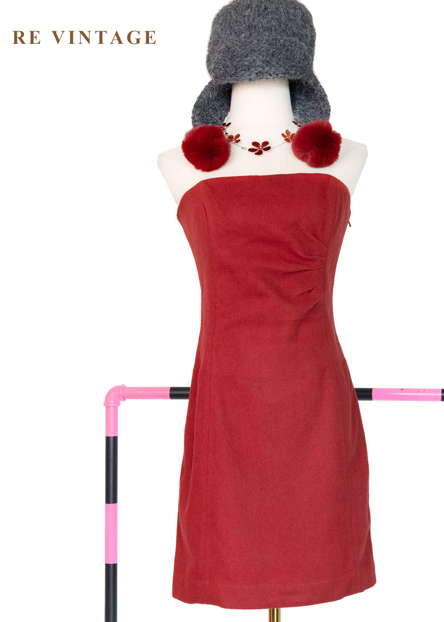 宣言單品 - 90s 超模蔓越莓紅抹胸迷你洋裝