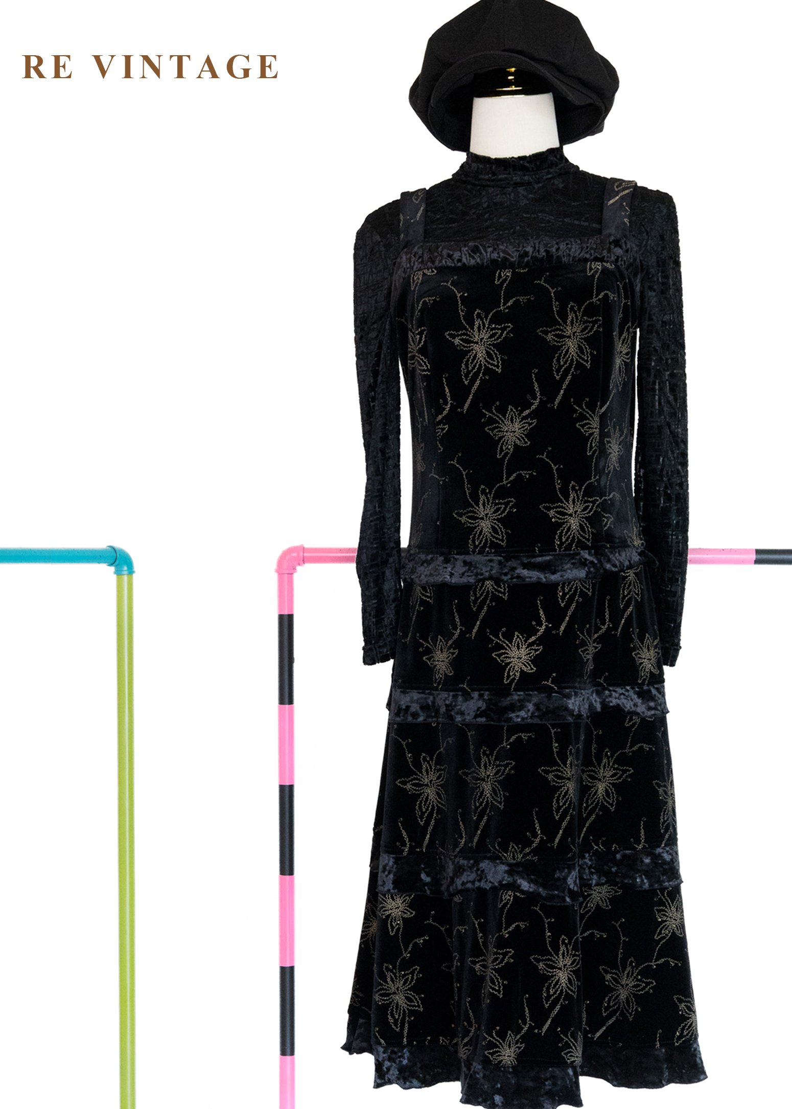 夜幕星軌金線百合黑絨長洋裝