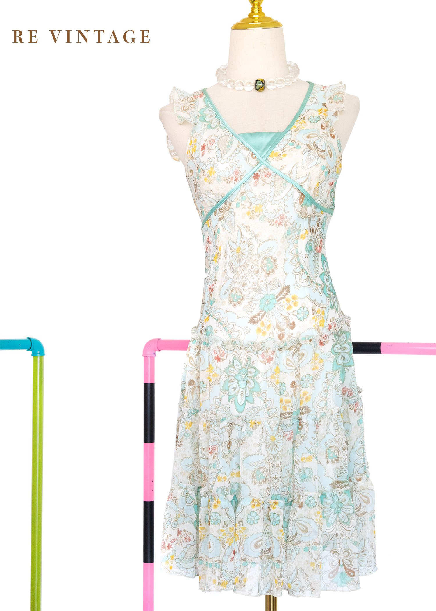 沖繩玻璃寶石色圖騰雪紡洋裝