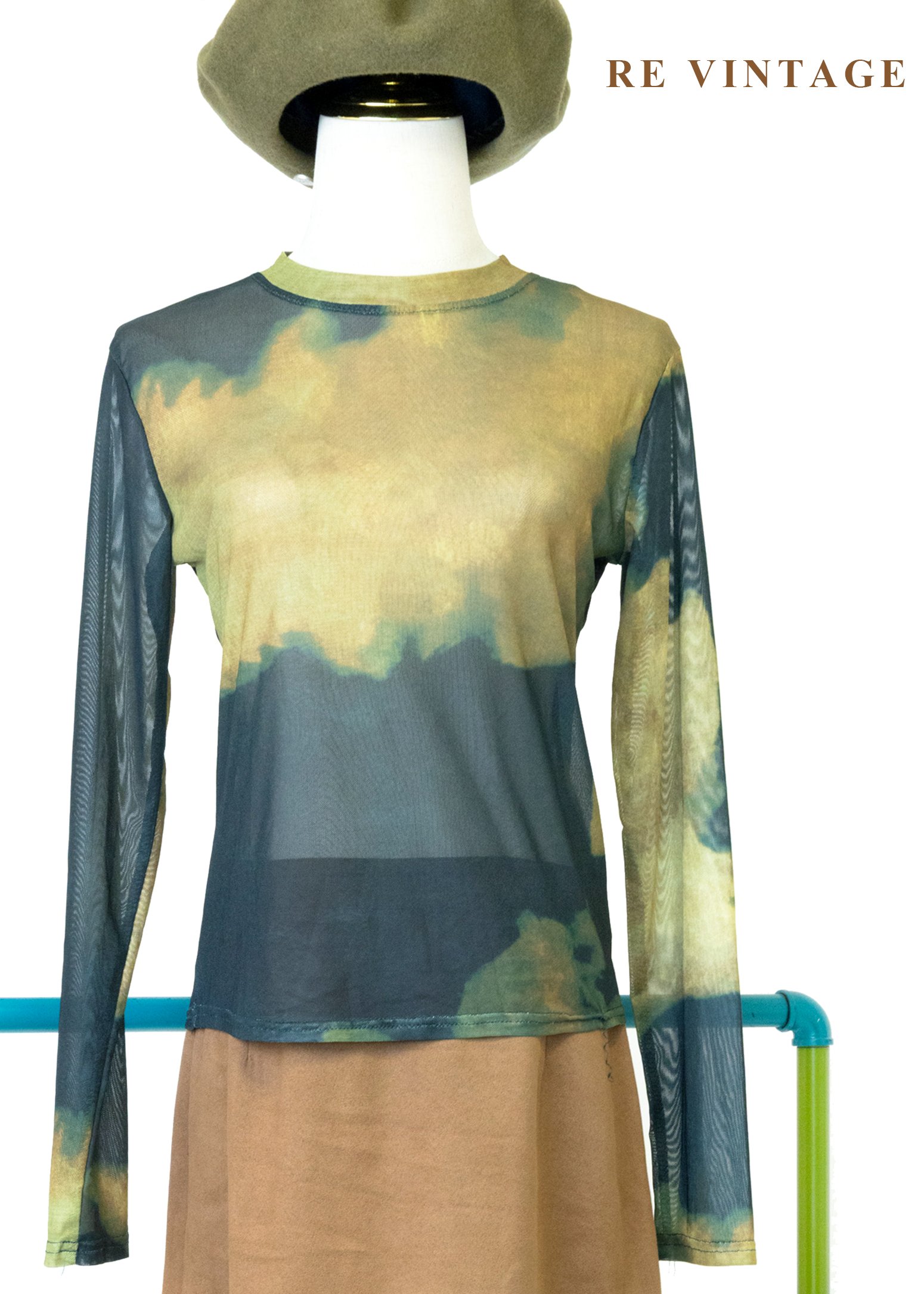 黃綠與藍綠暈染交疊網紗上衣