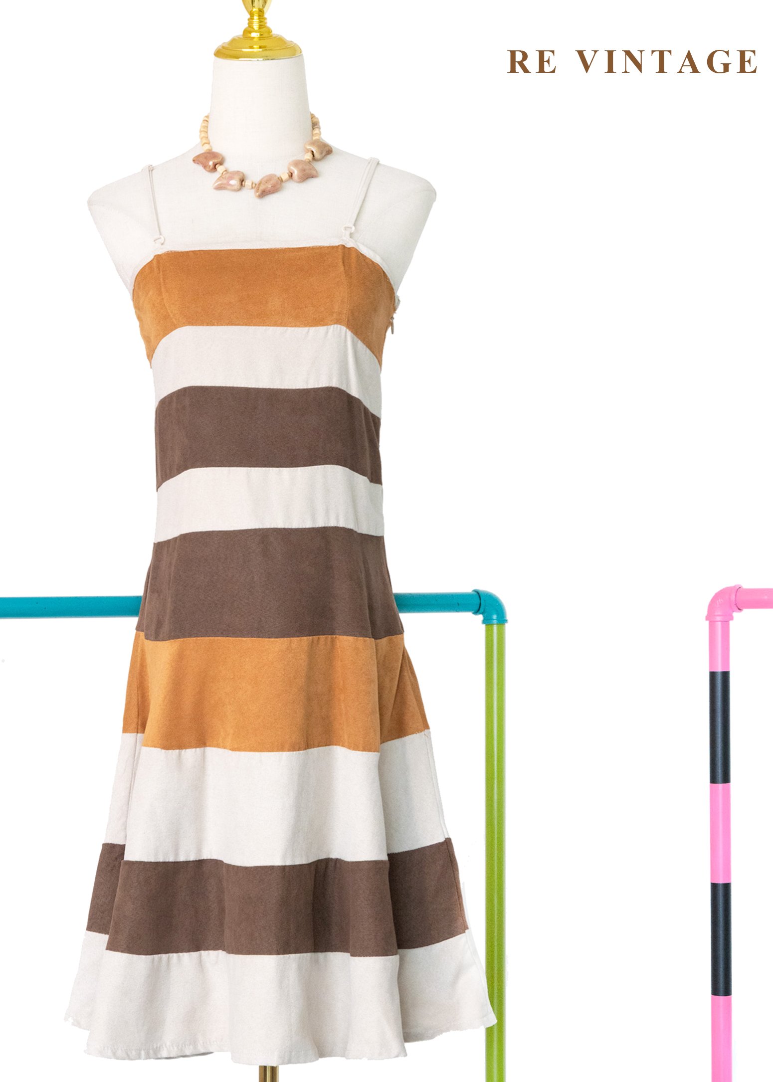 咖啡焦糖糖果拼圖細肩帶洋裝