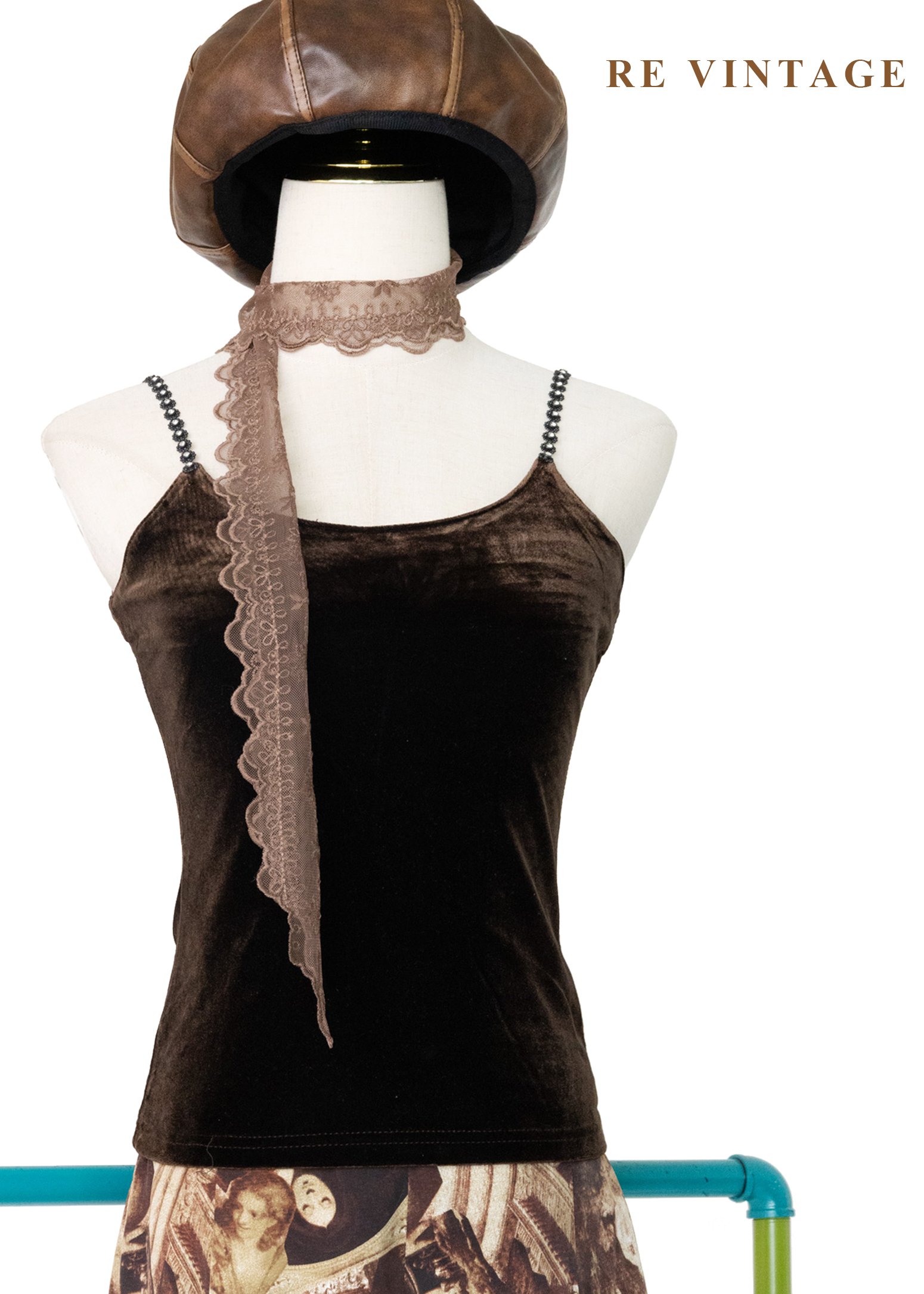 必備單品 - 小花亮鑽巧克力色絨布背心