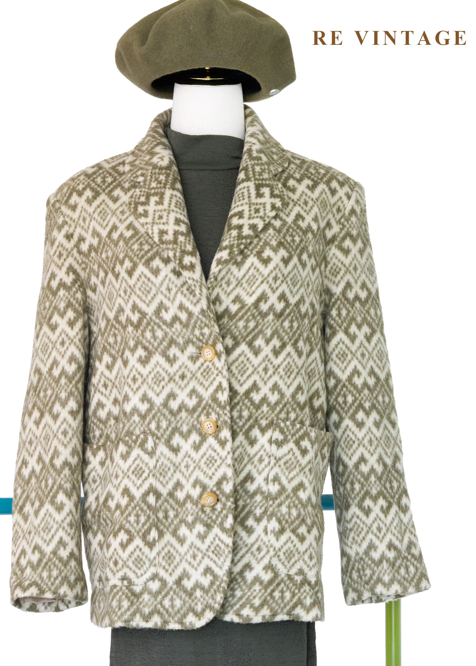 奶黃苔蘚綠菱格圖騰毛呢西裝外套