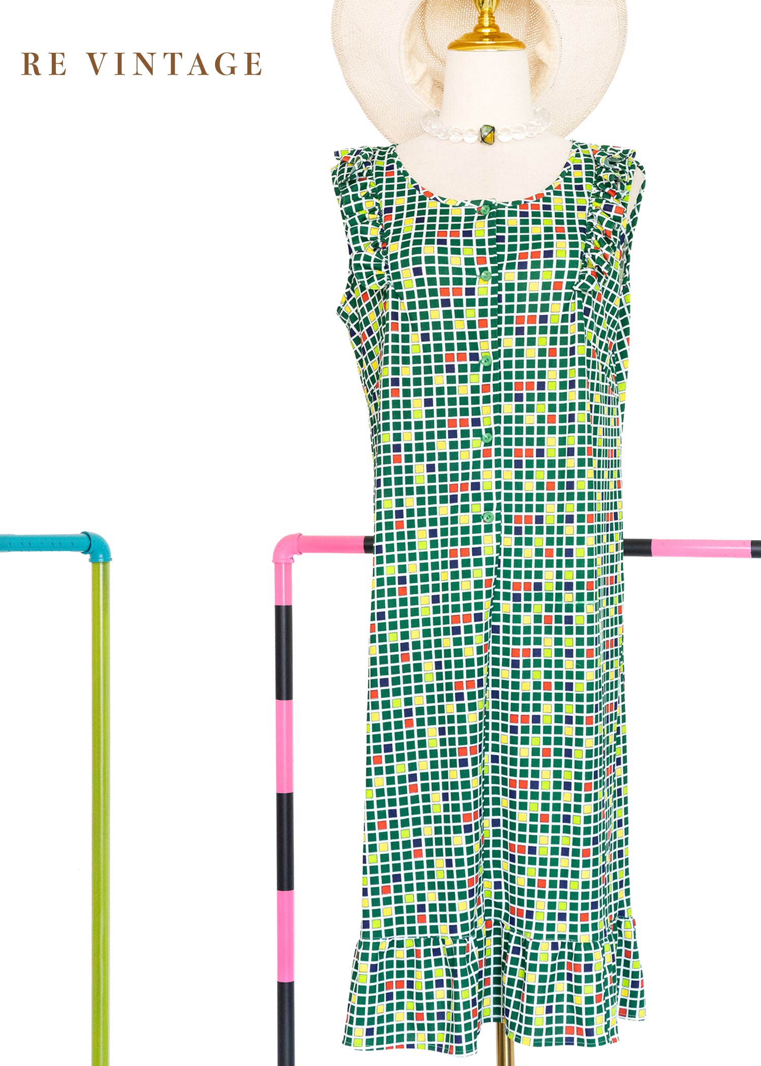 夏日跳格子荷葉裙擺洋裝