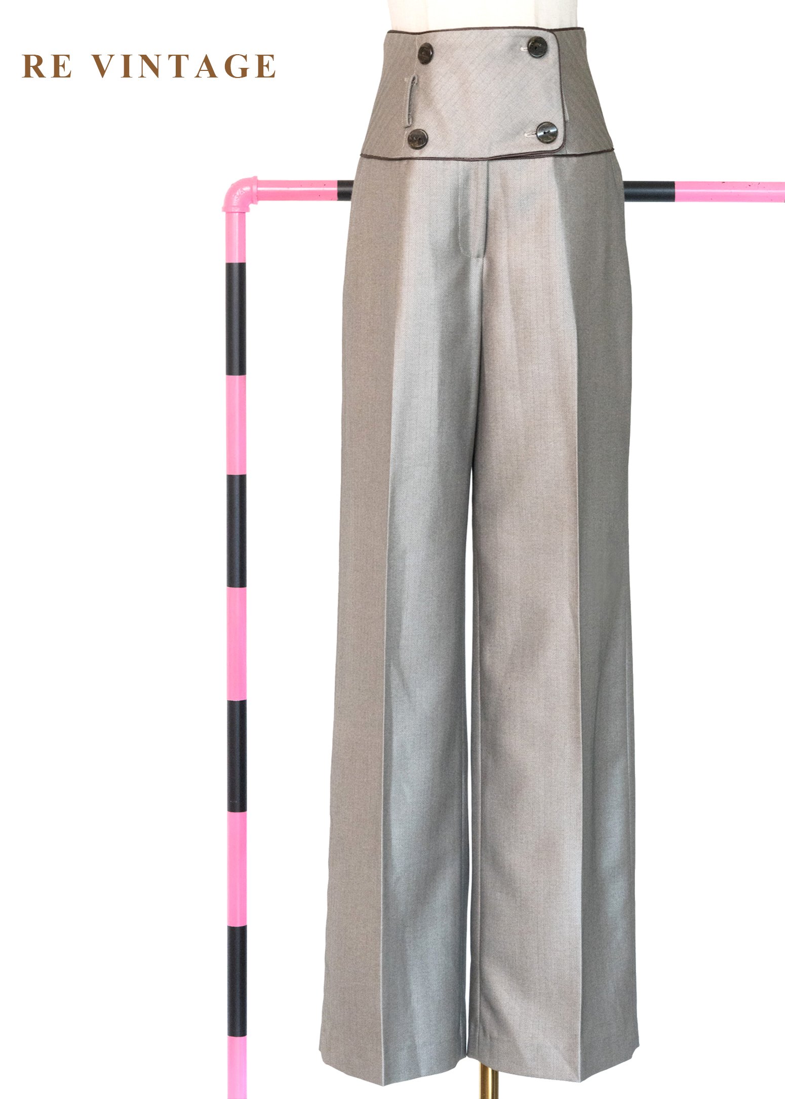 質感單品 - 摩登斜紋光影高腰雙排釦長褲（24"）