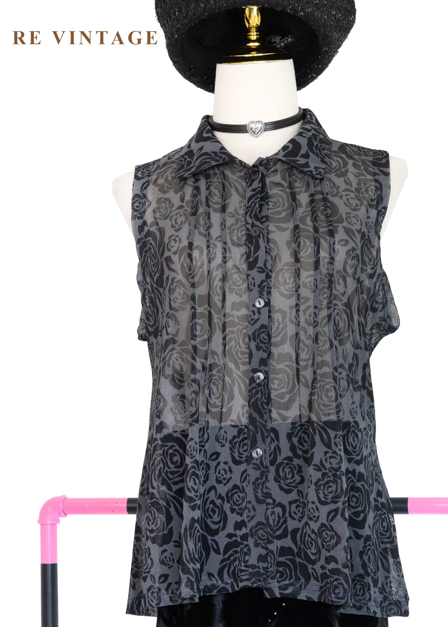 黑灰系玫瑰少女透膚背心