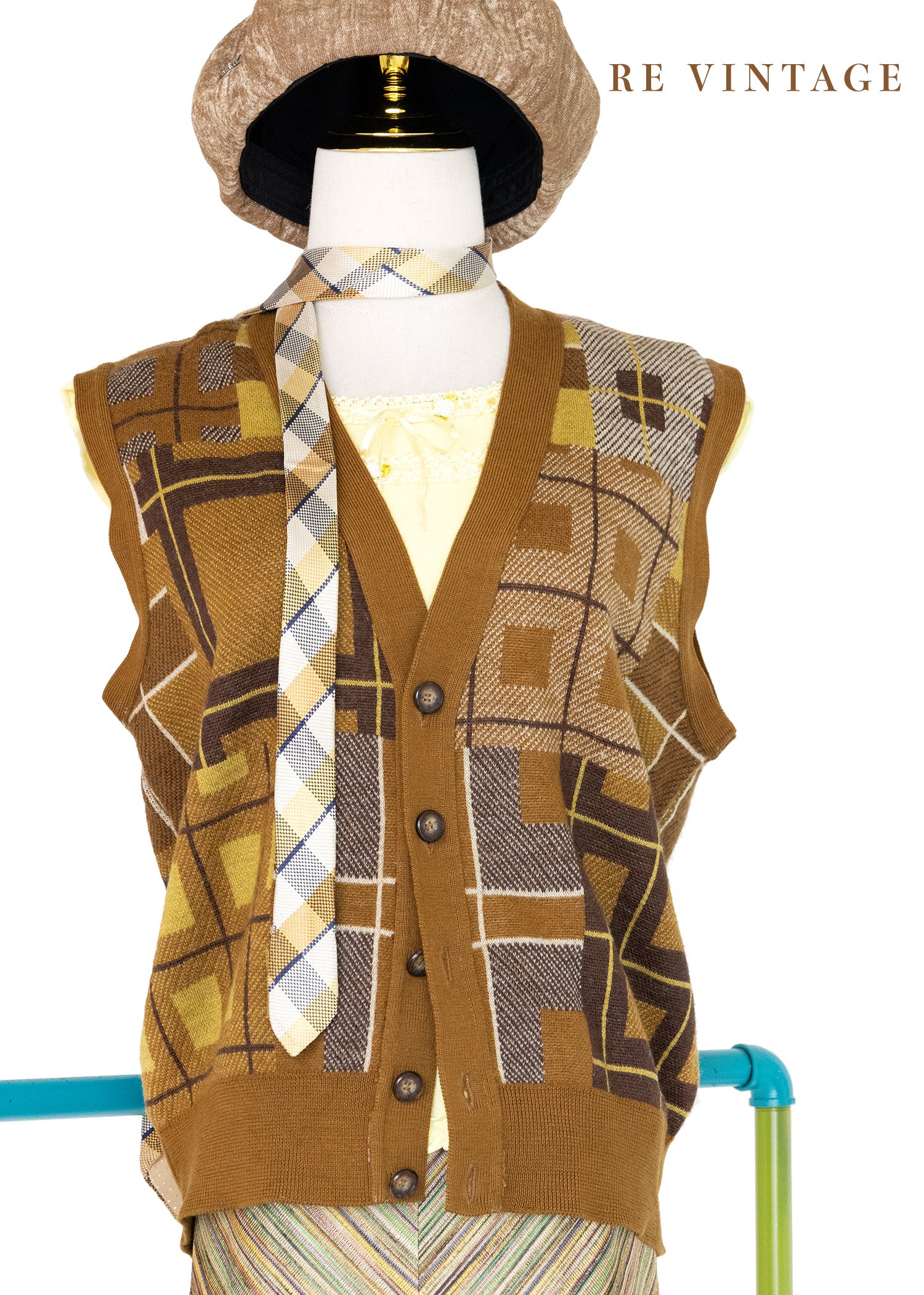 Topaz 格紋拼接針織毛衣背心