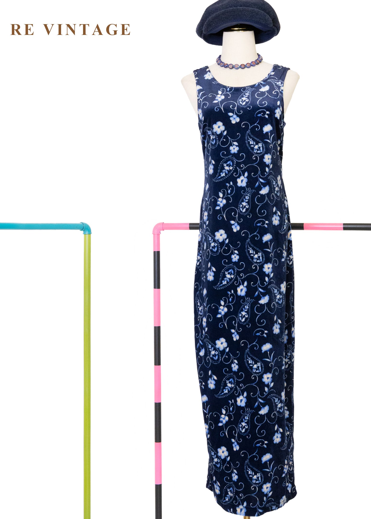 月光身藍花會絨布長洋裝