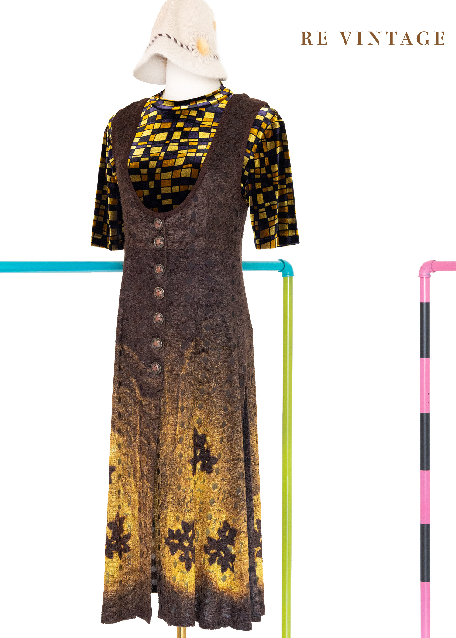 Yellow Brown Gradient 漂亮燒絨小花洋裝/長版背心