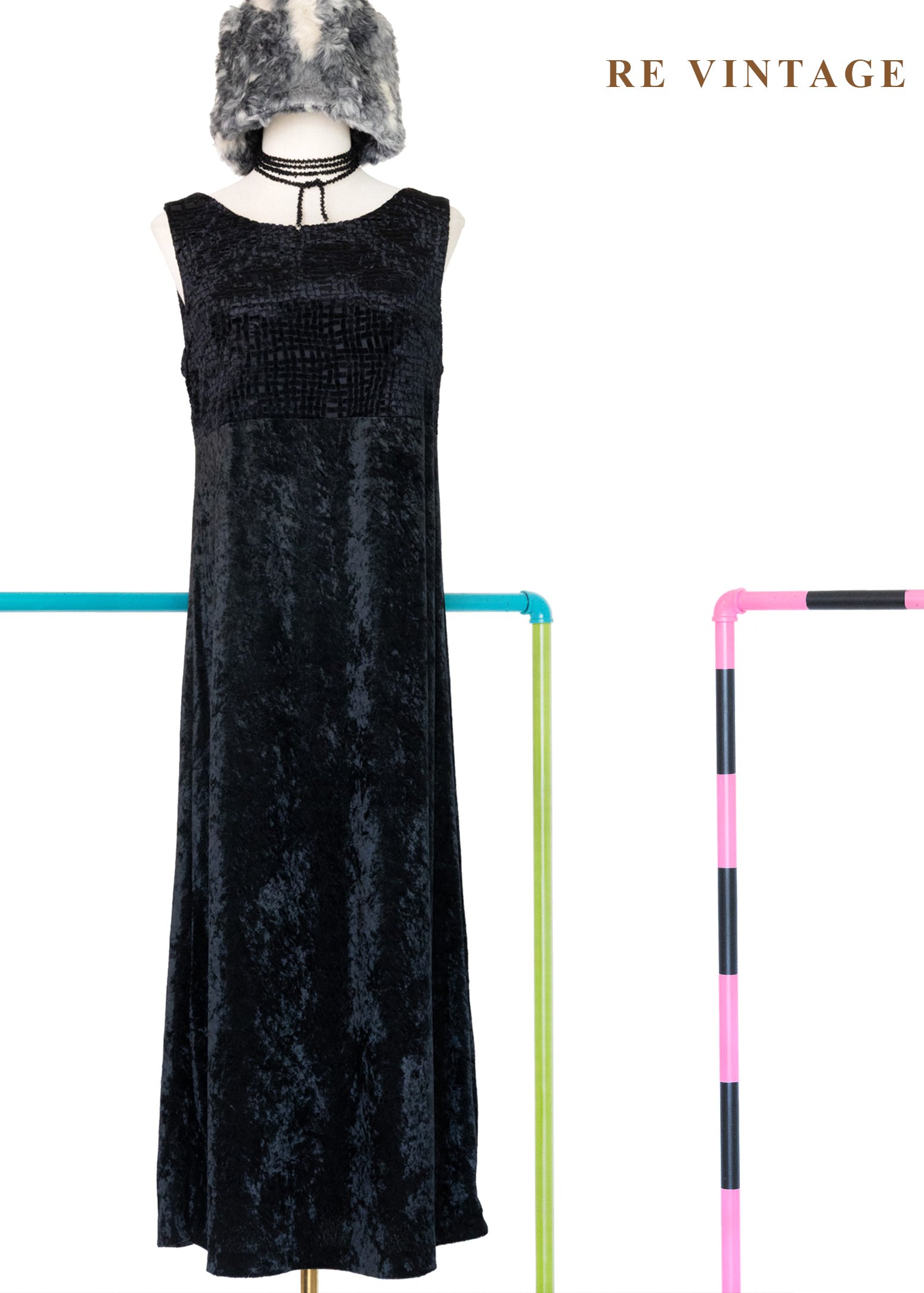 織紋格紋迷宮黑絨長洋裝