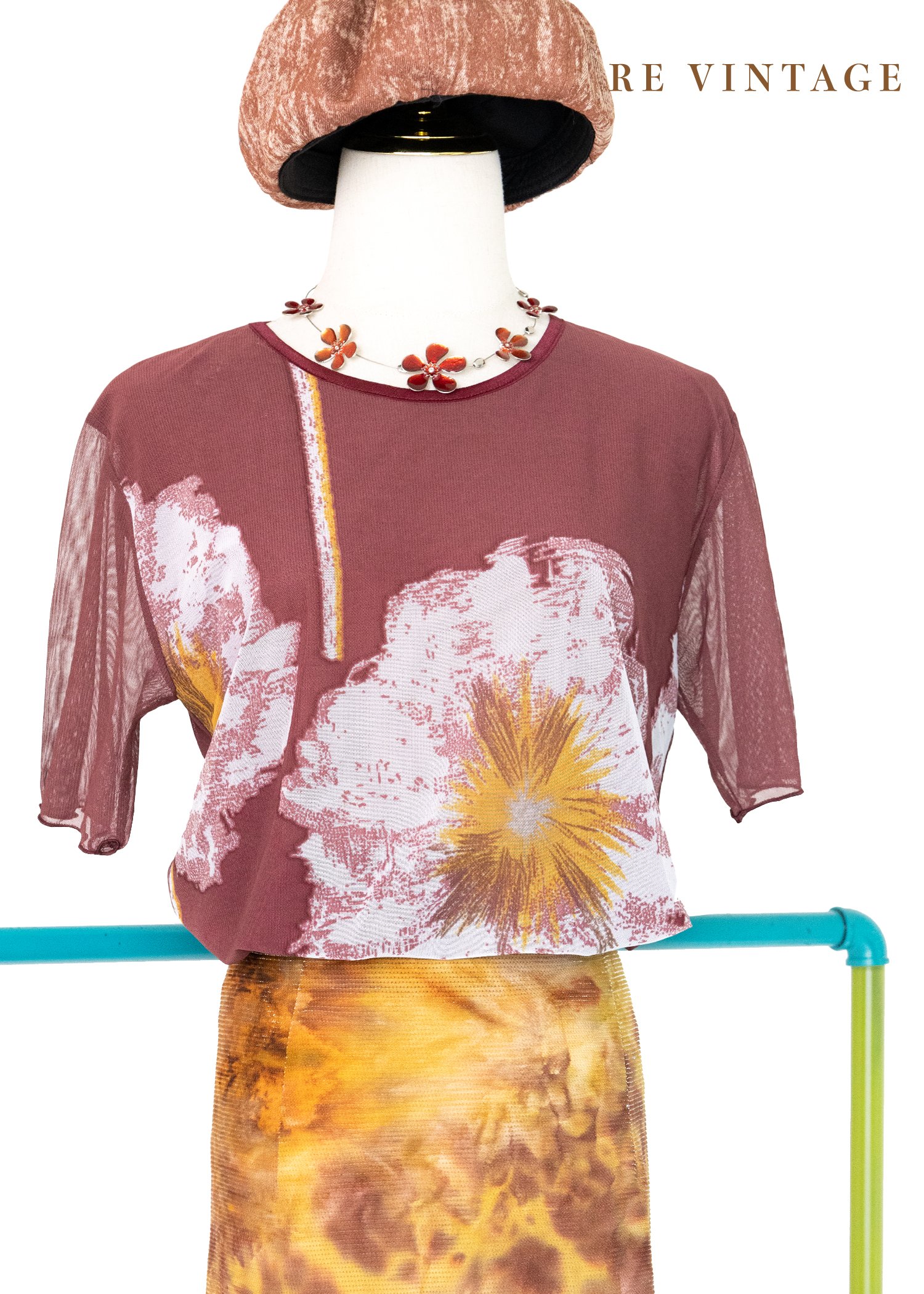 酒紅白花網紗上衣