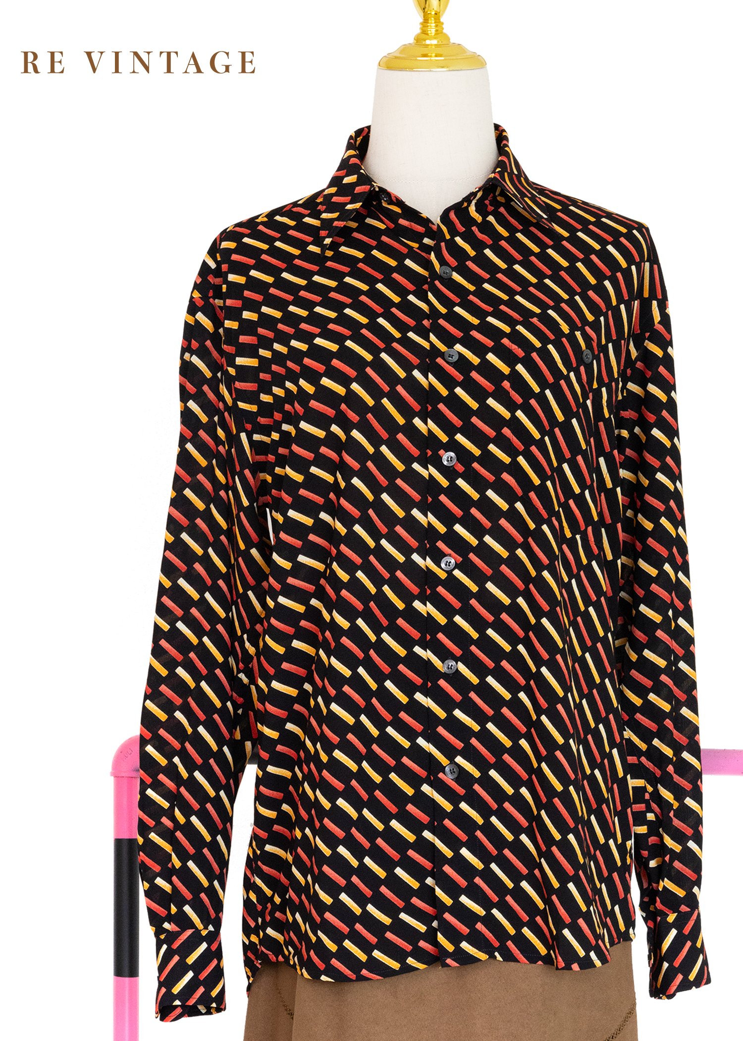 橘黃斜格紋長袖襯衫