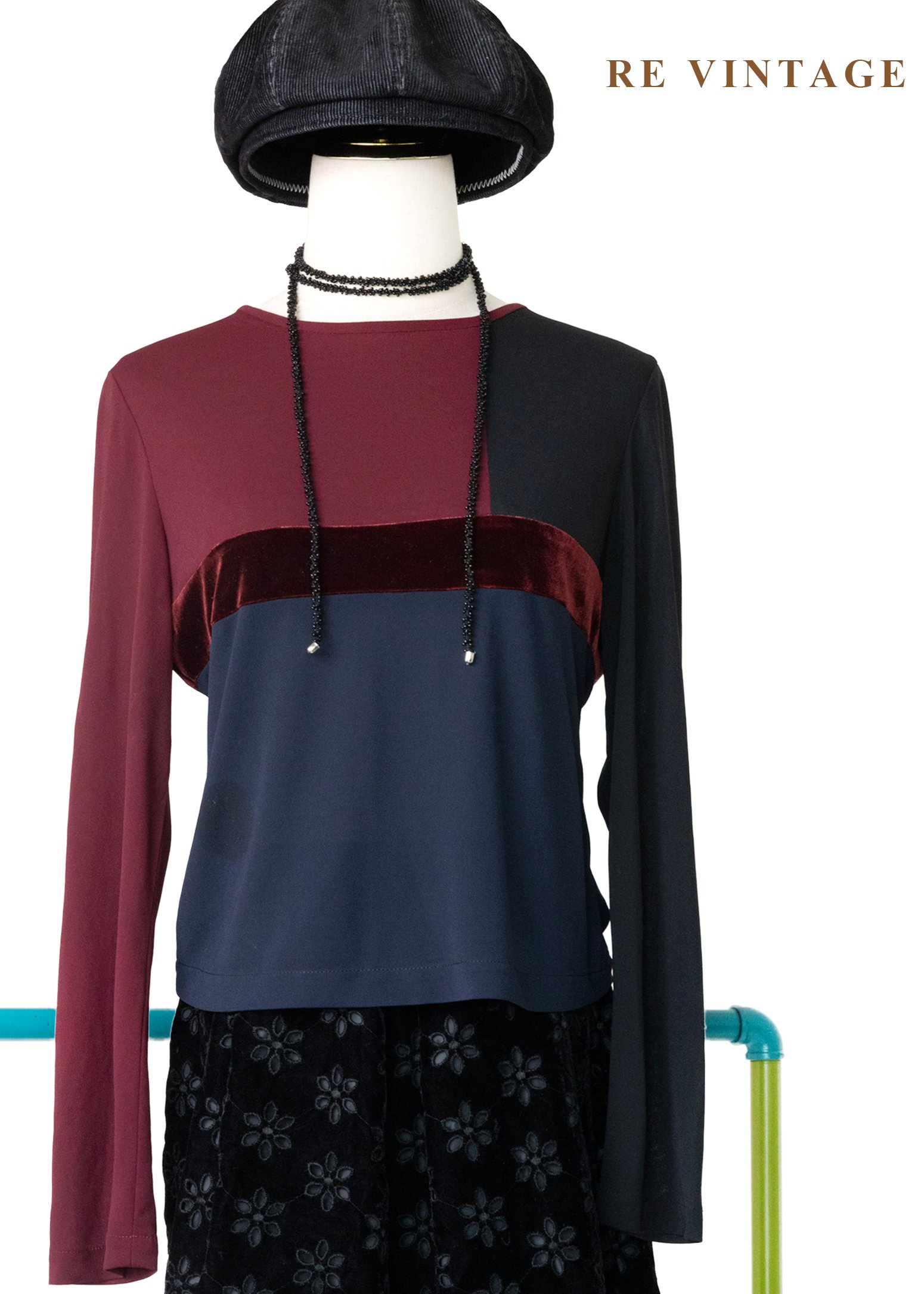 酒紅撞灰色拼接長袖上衣