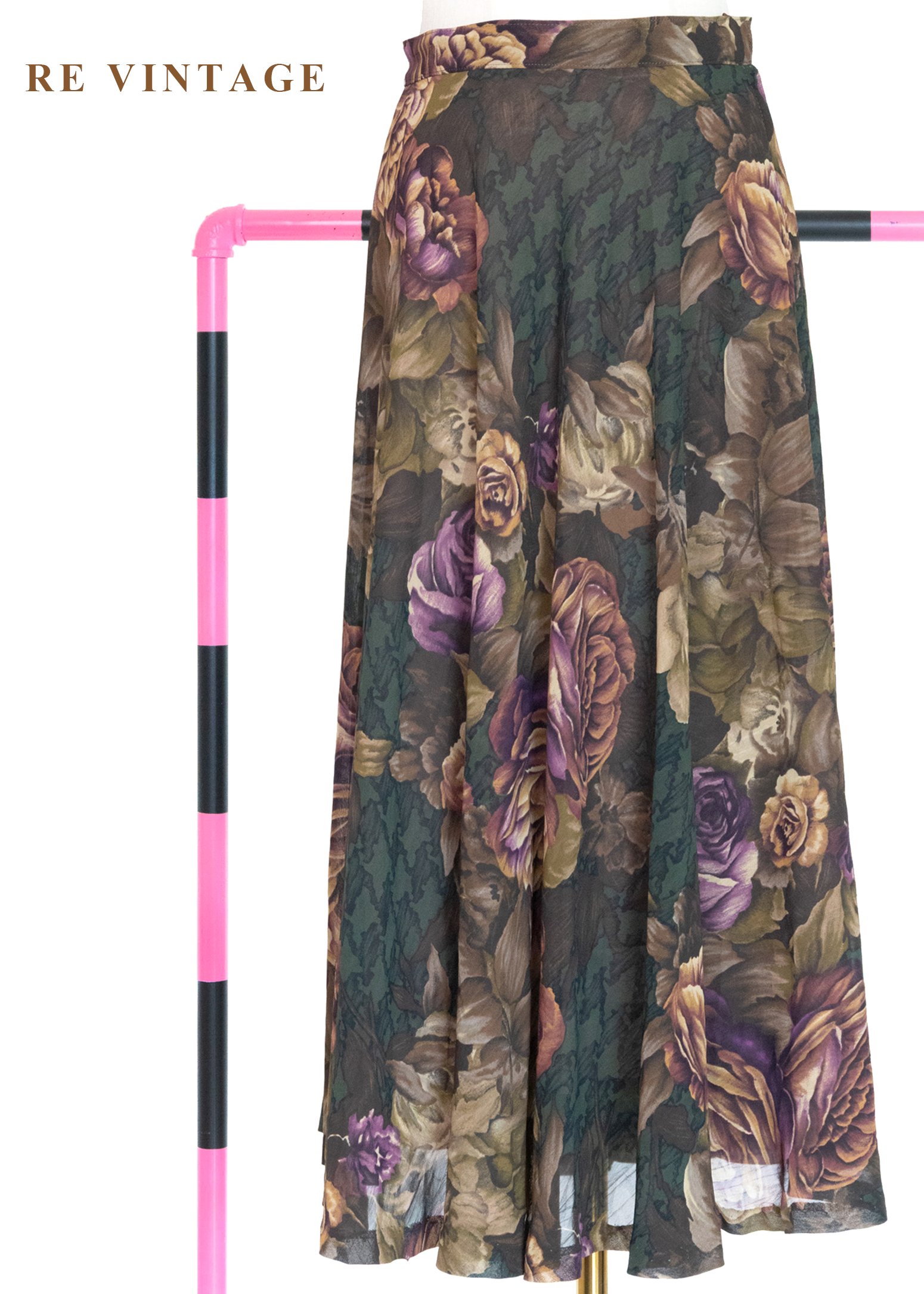 古典大花卉深苔綠千鳥格中長裙（~26"）