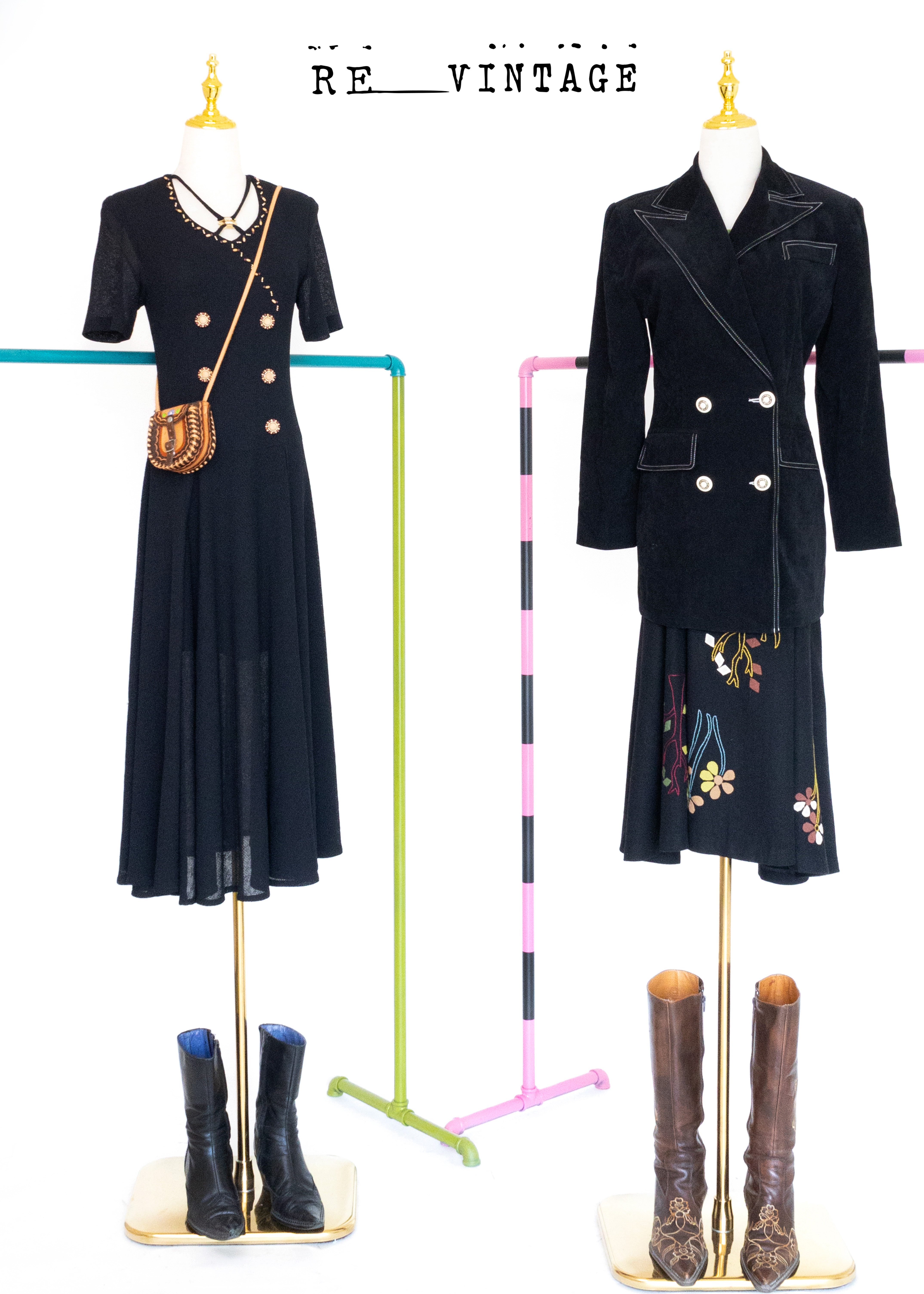 小花木釦鬆餅格布料黑色長洋裝