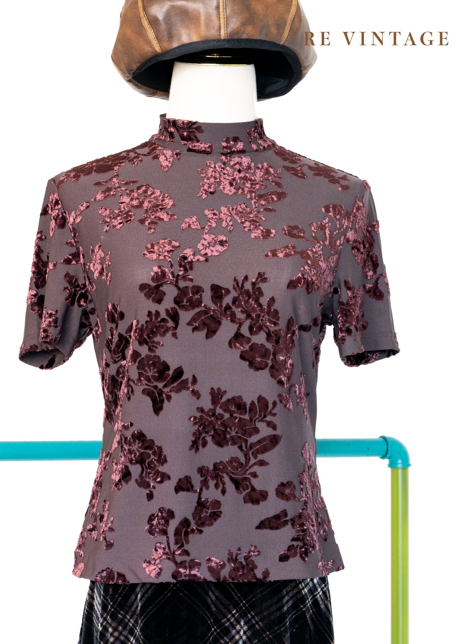 酒紅盛開の花朵短袖上衣