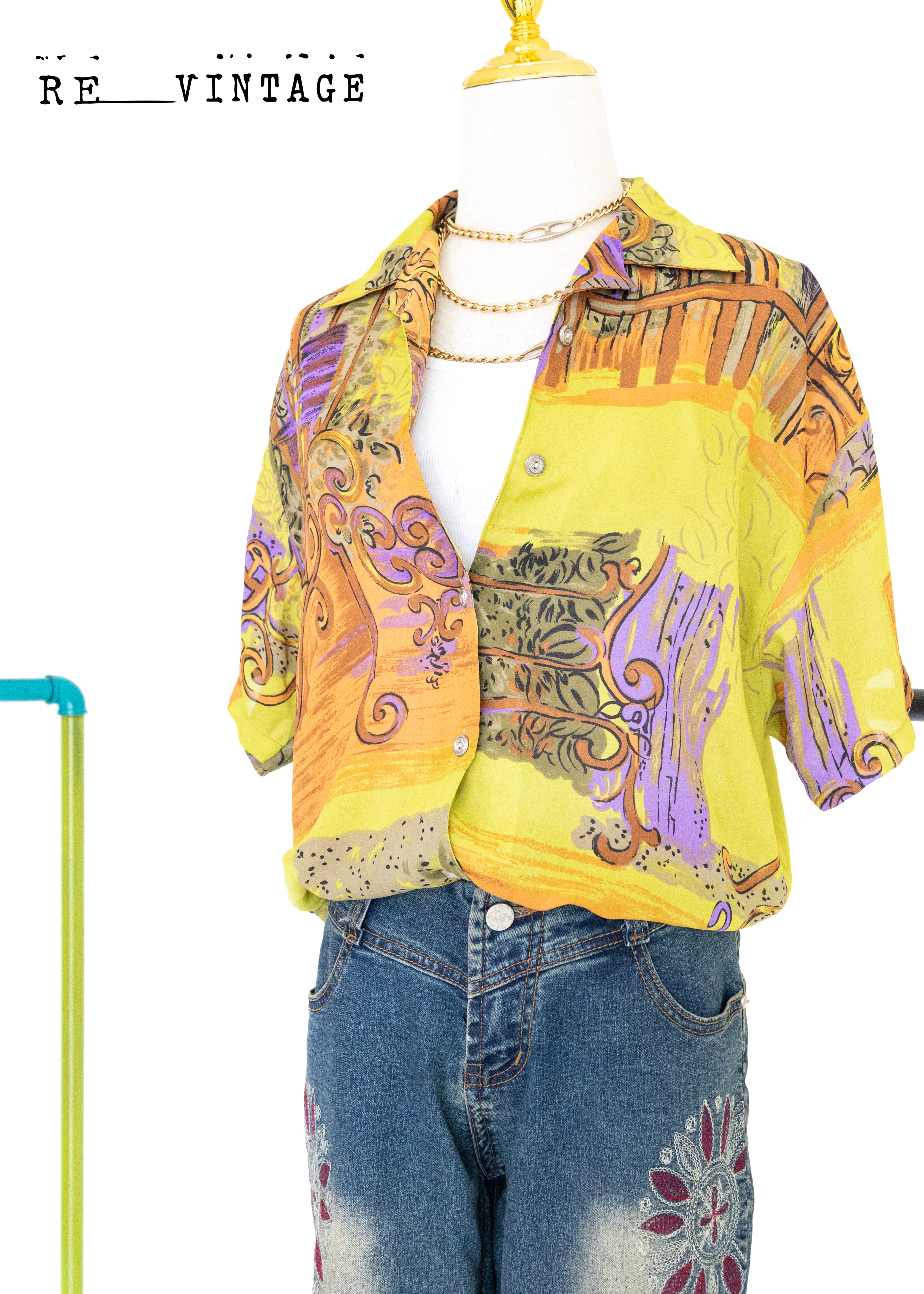 芥末黃圖騰短袖襯衫