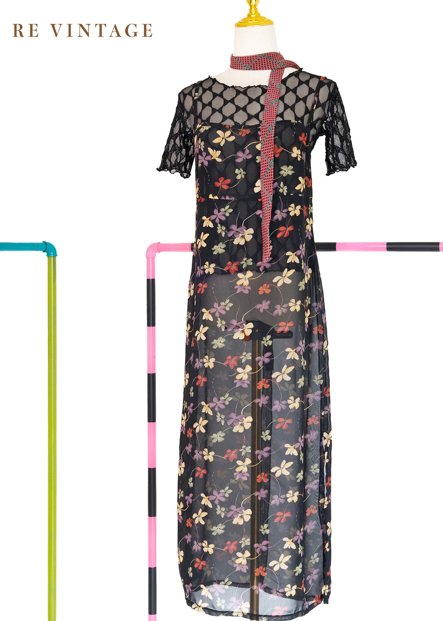 文藝小花透膚細肩帶長洋裝