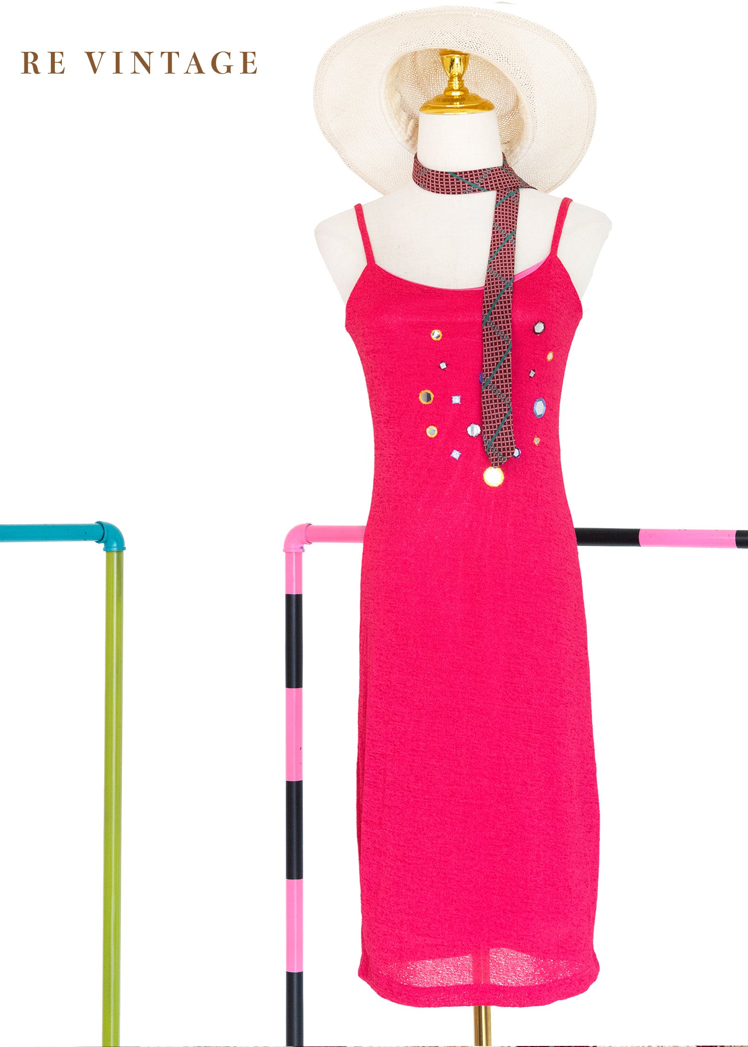 Fuchsia 桃粉小鏡子細肩帶洋裝