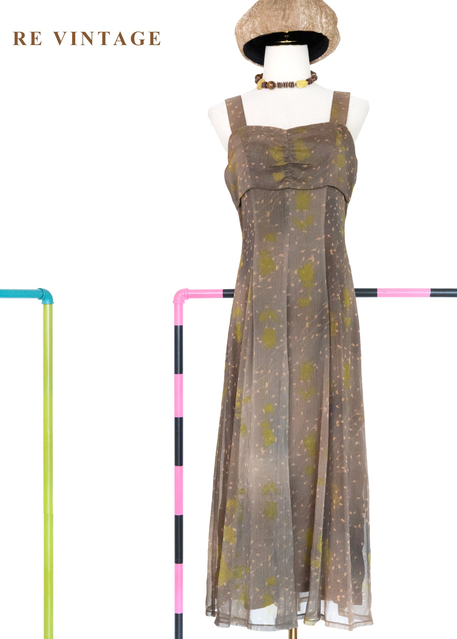 茶墨落葉不規則暈染長洋裝