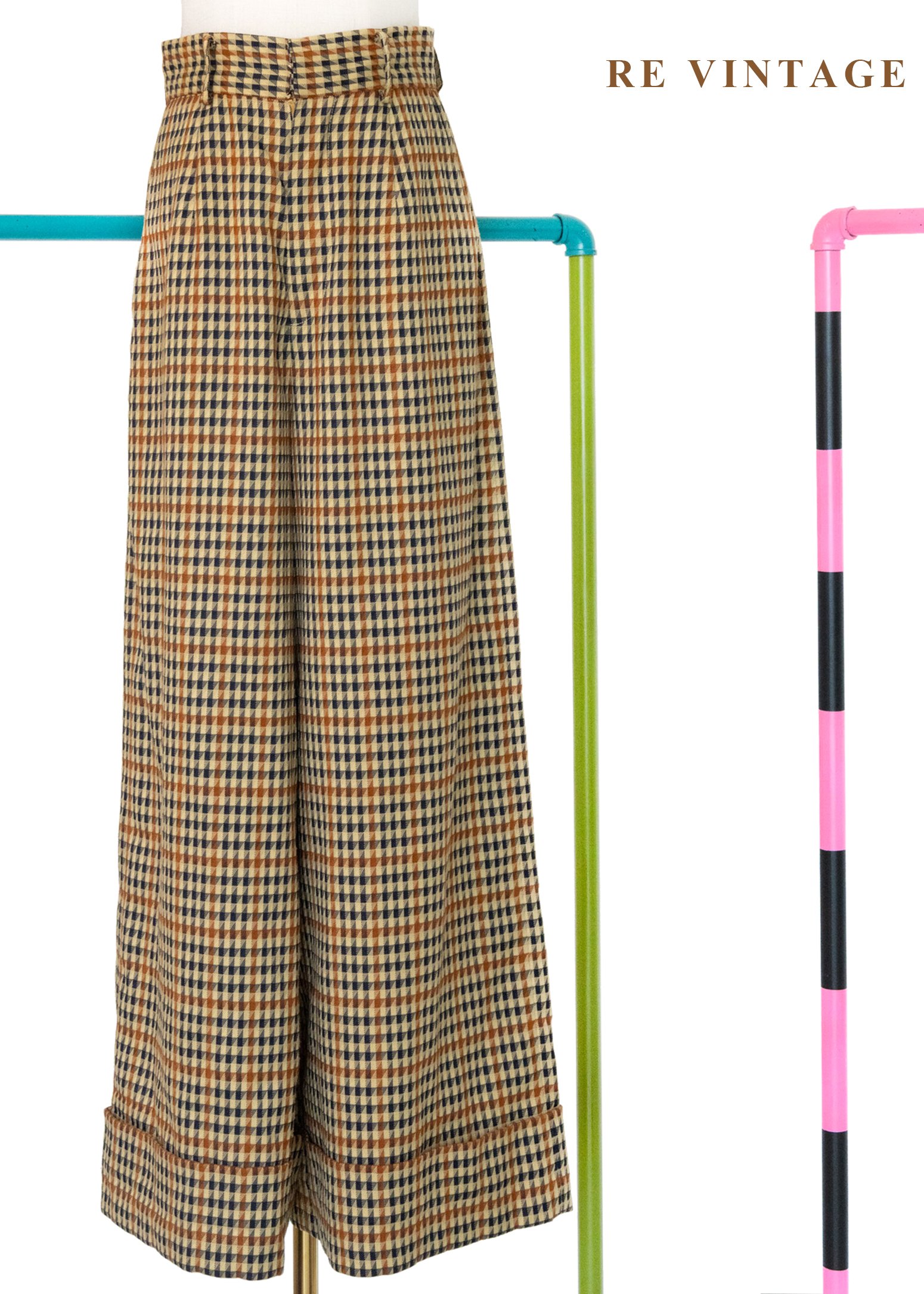 紳士偵探千鳥格高腰寬版長褲（24"）