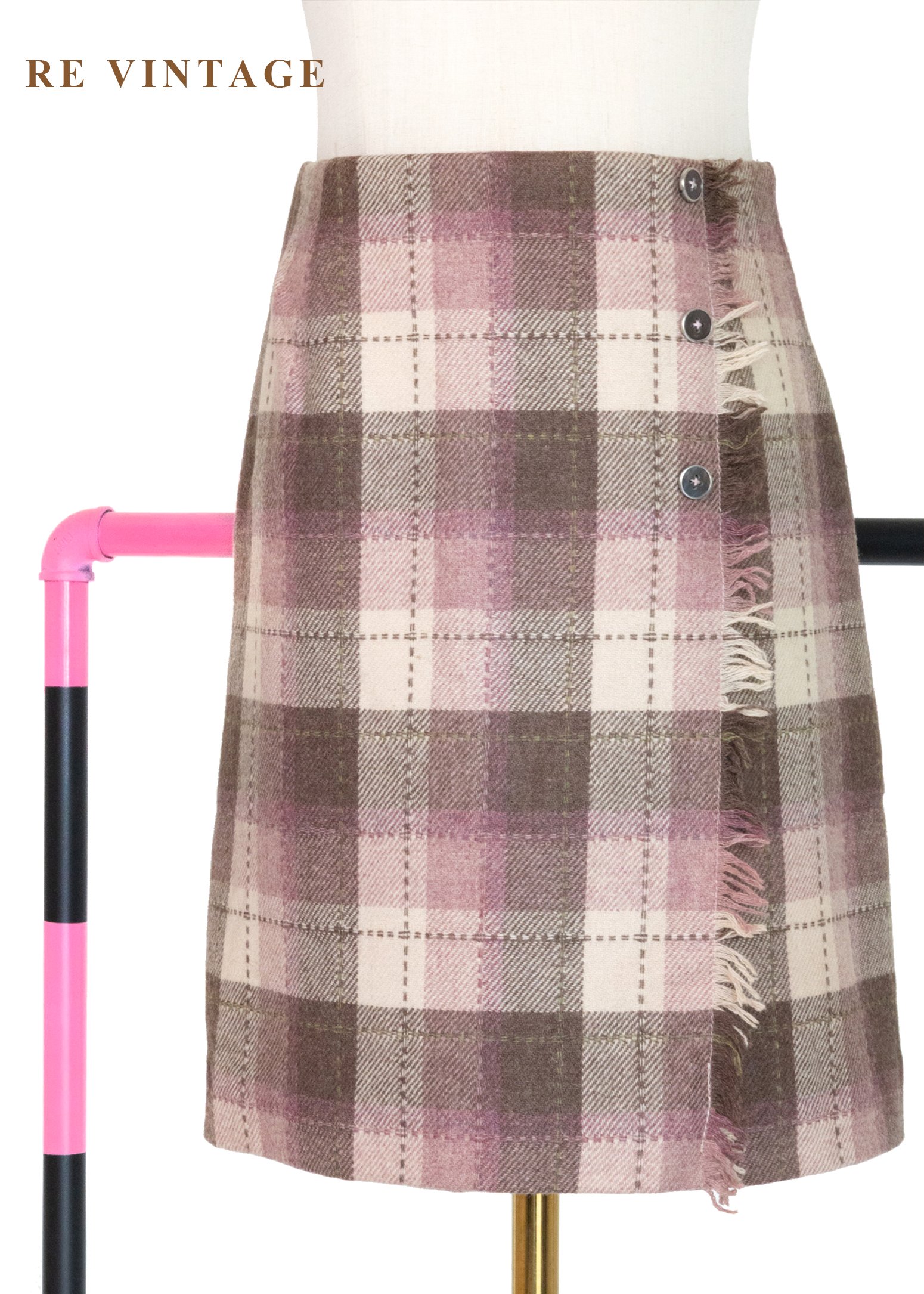 柔柔粉霧棕格紋流蘇短裙（26“）