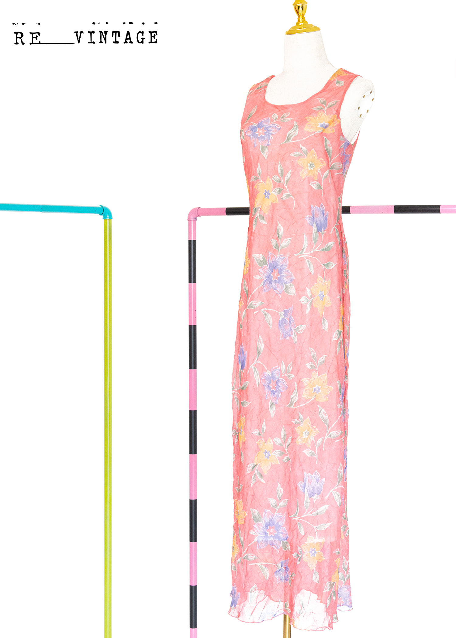 春天雙色花花桃粉色長洋裝