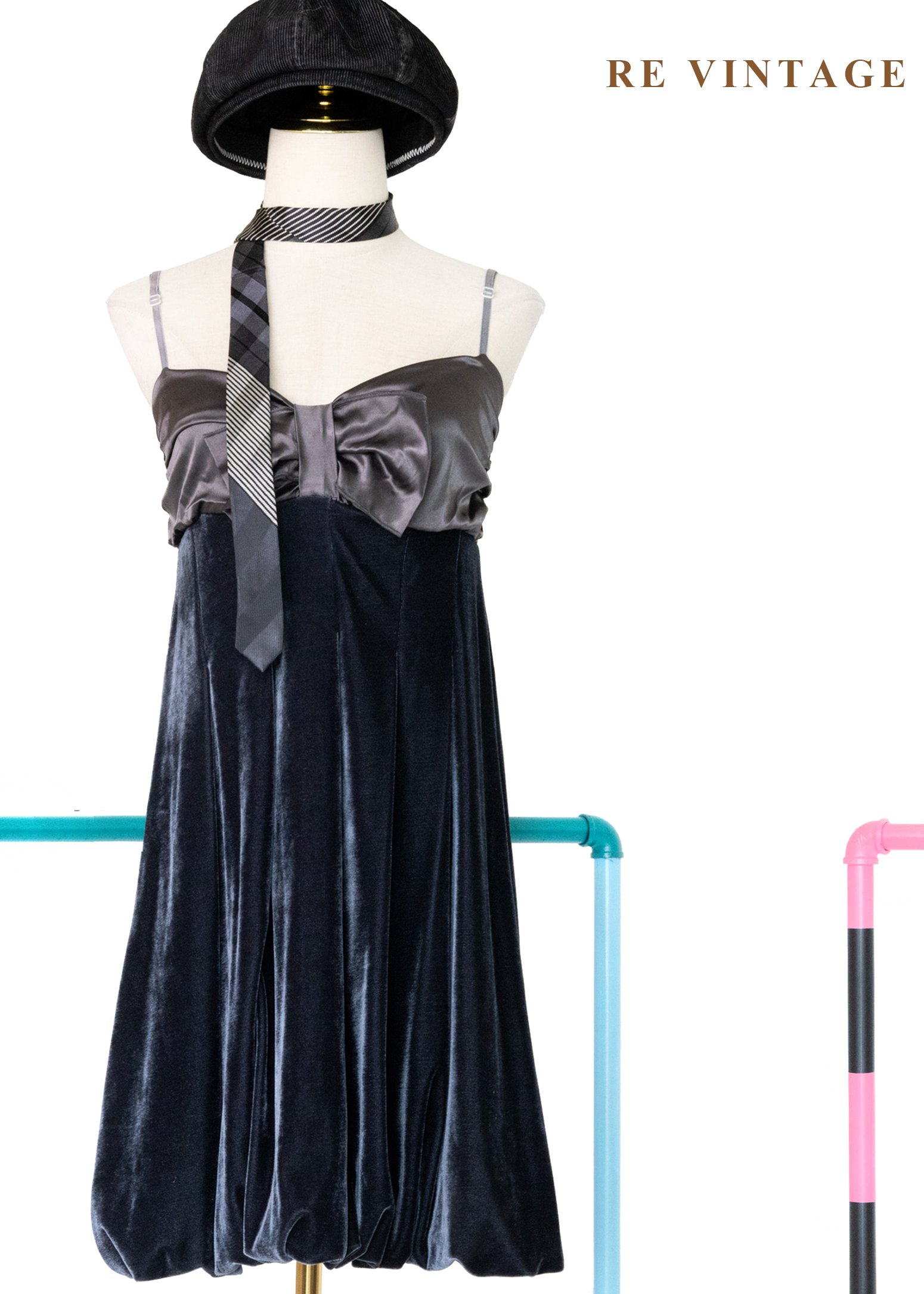 緞面大蝴蝶結絨布泡泡迷你洋裝