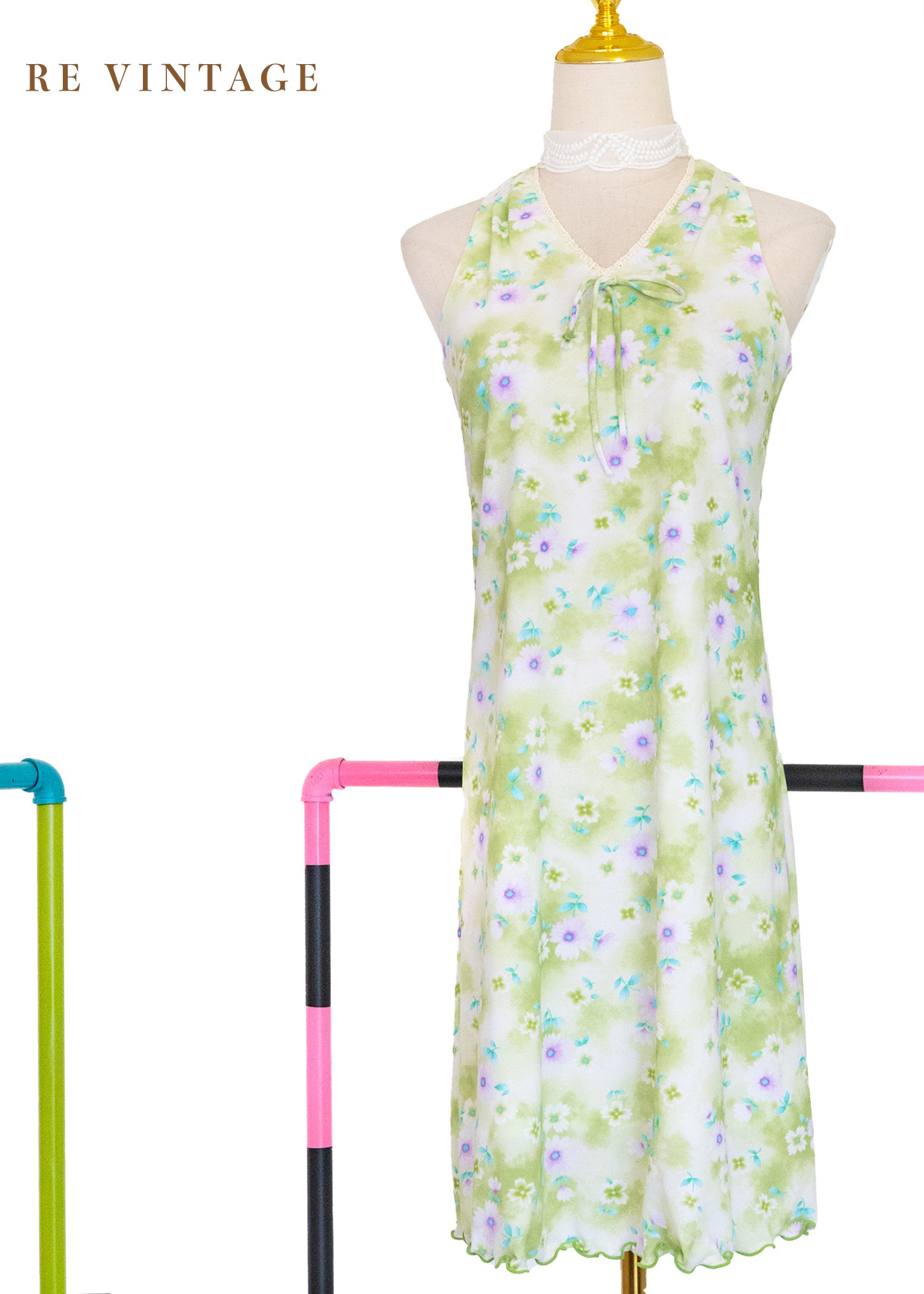 Dreamy Path 清新柔光綠削肩洋裝