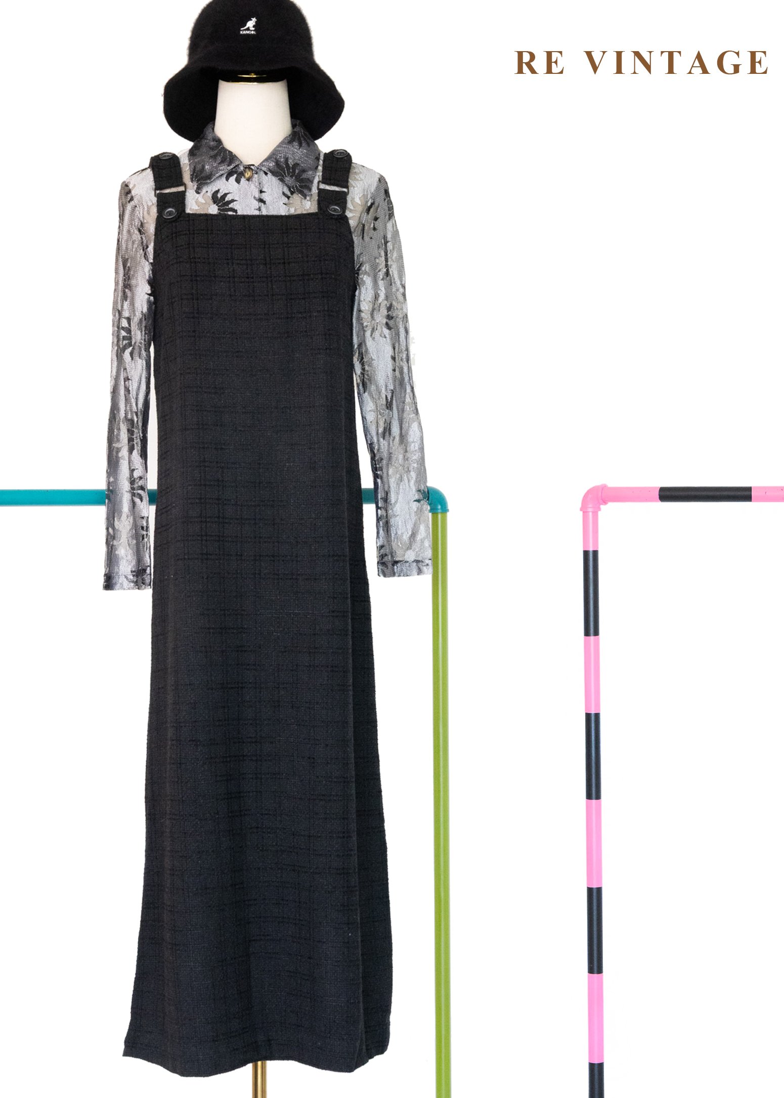 灰黑格紋織理吊帶裙