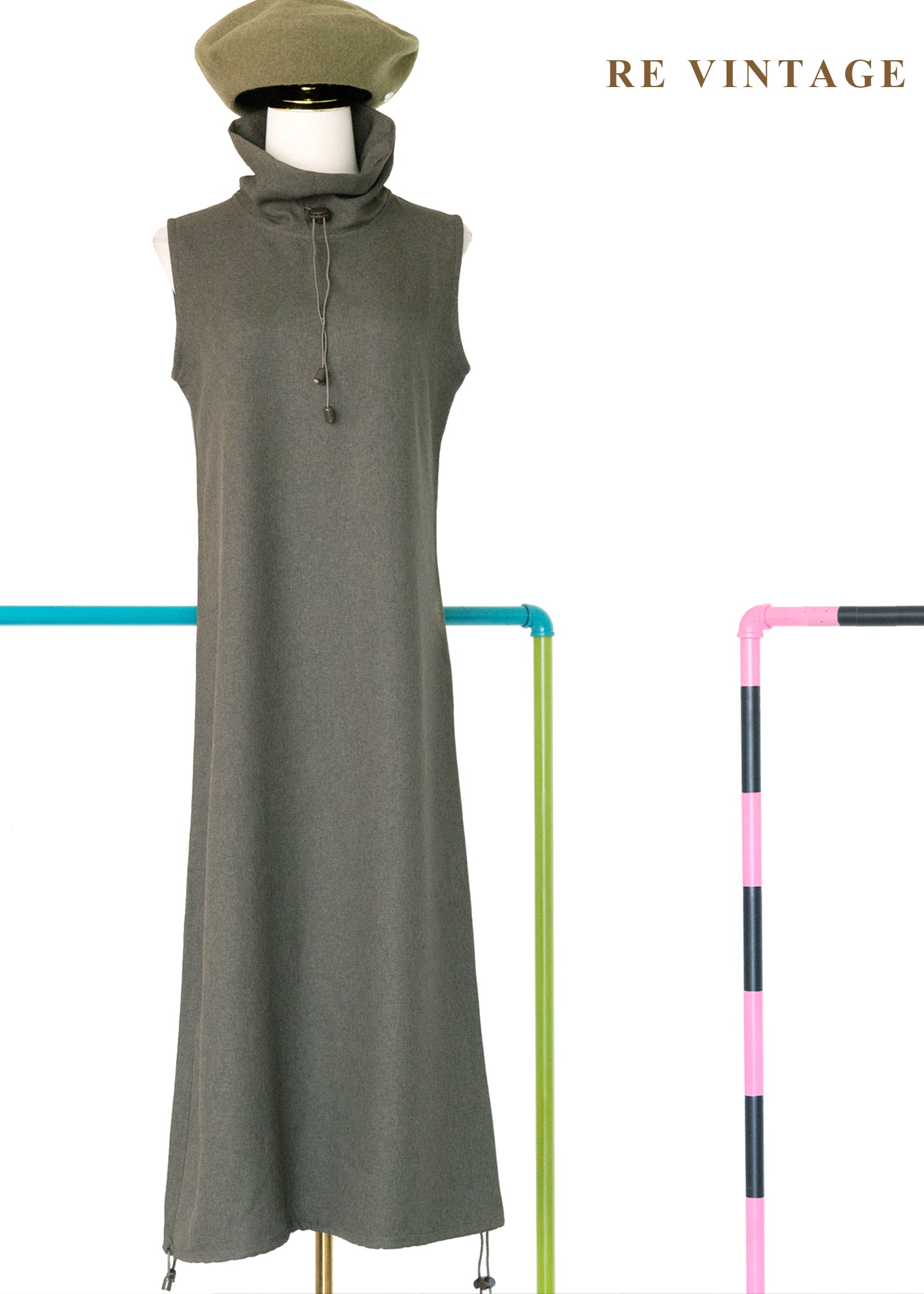 質感單品 - 抽繩領機能感森林綠長洋裝