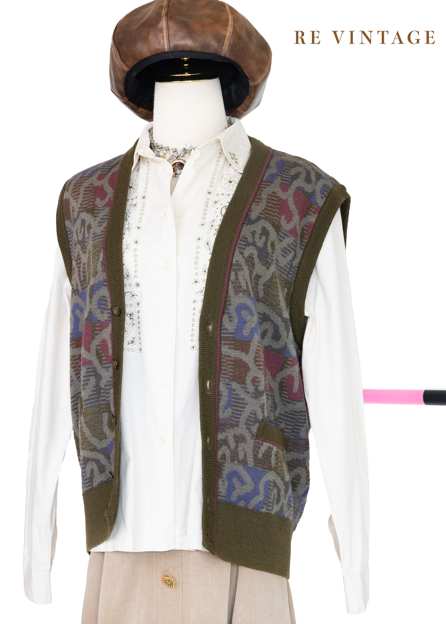 軍綠色の抽象線條針織毛背心