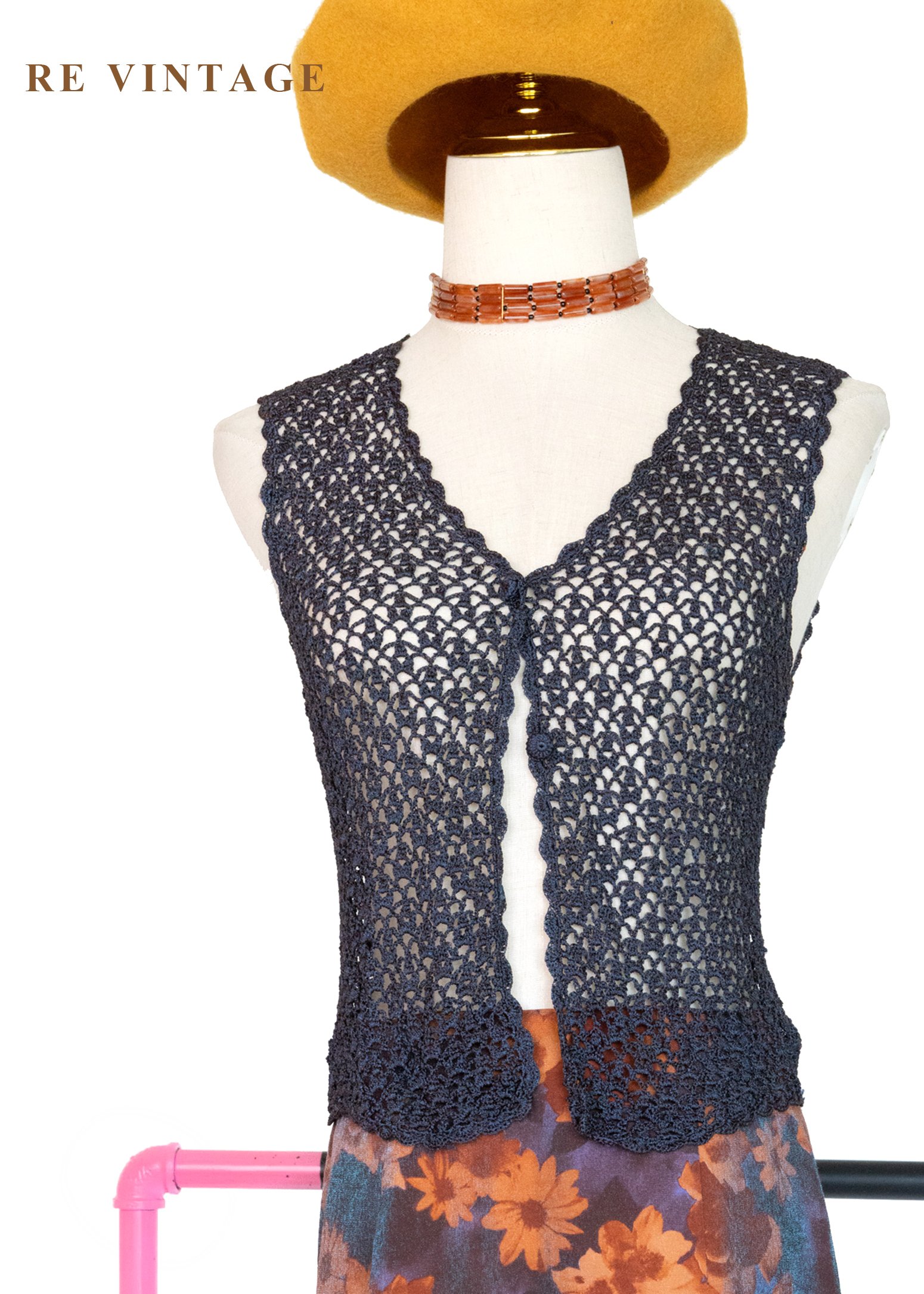 藍橘光澤鉤花編織背心